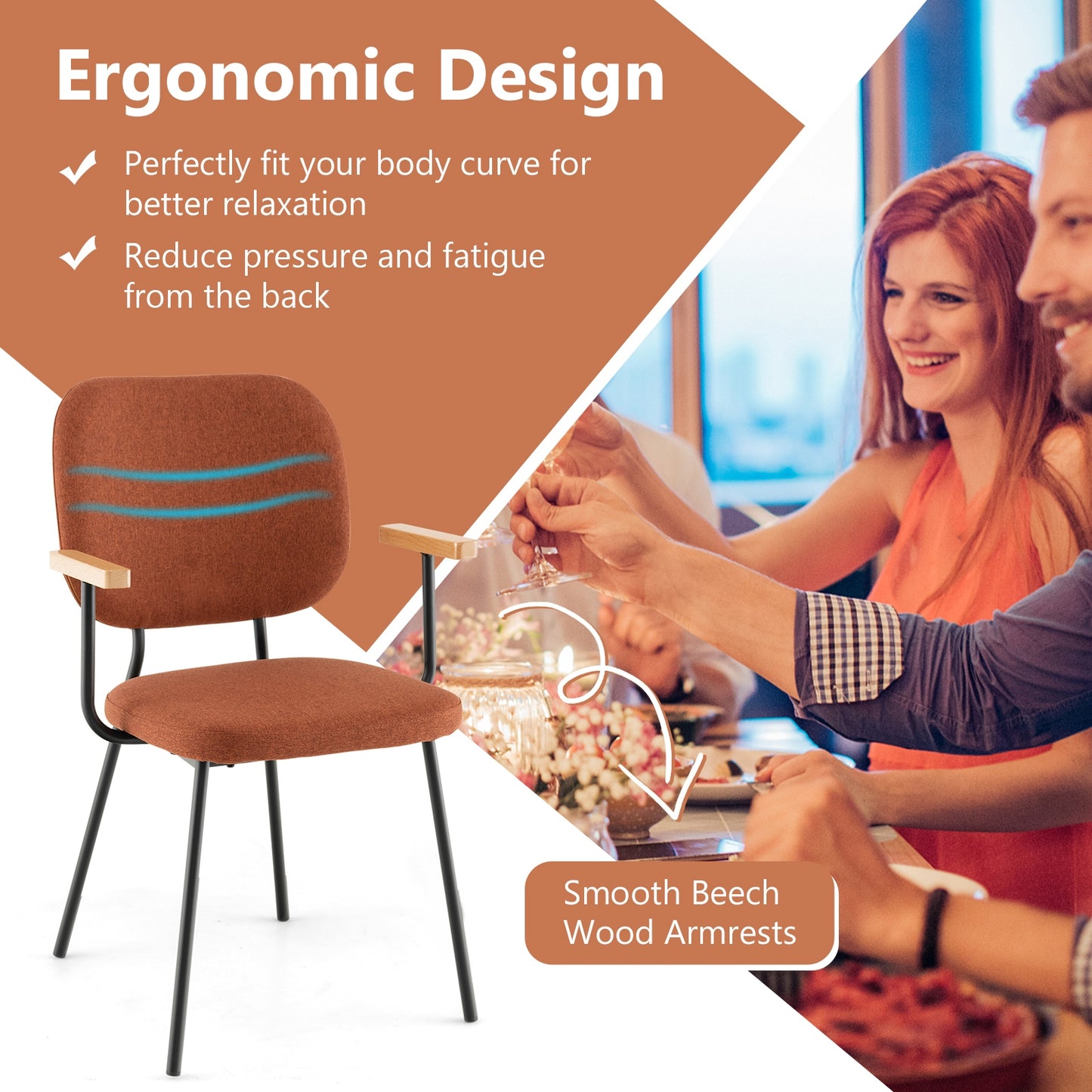 2-Piece Modern Dining Chairs with Armrests and Curved Backrest in Orange