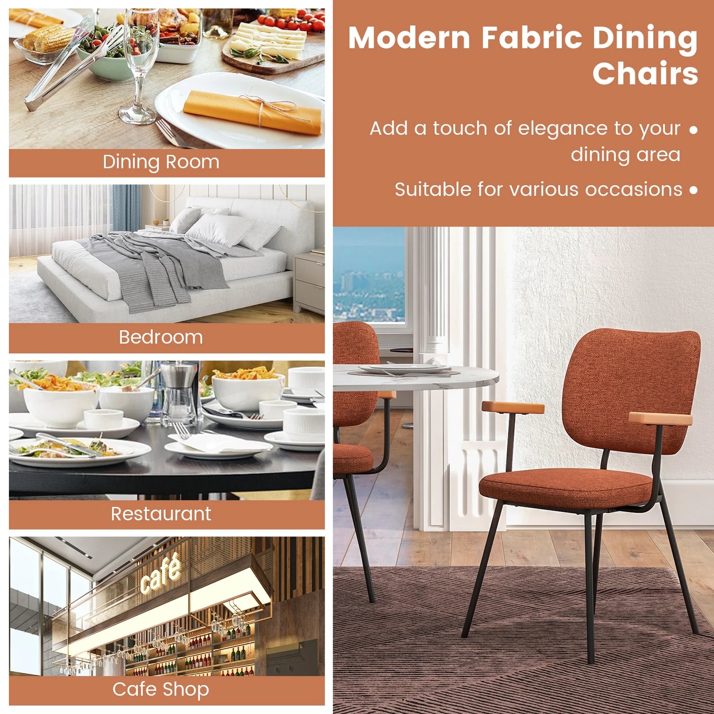 2-Piece Modern Dining Chairs with Armrests and Curved Backrest in Orange