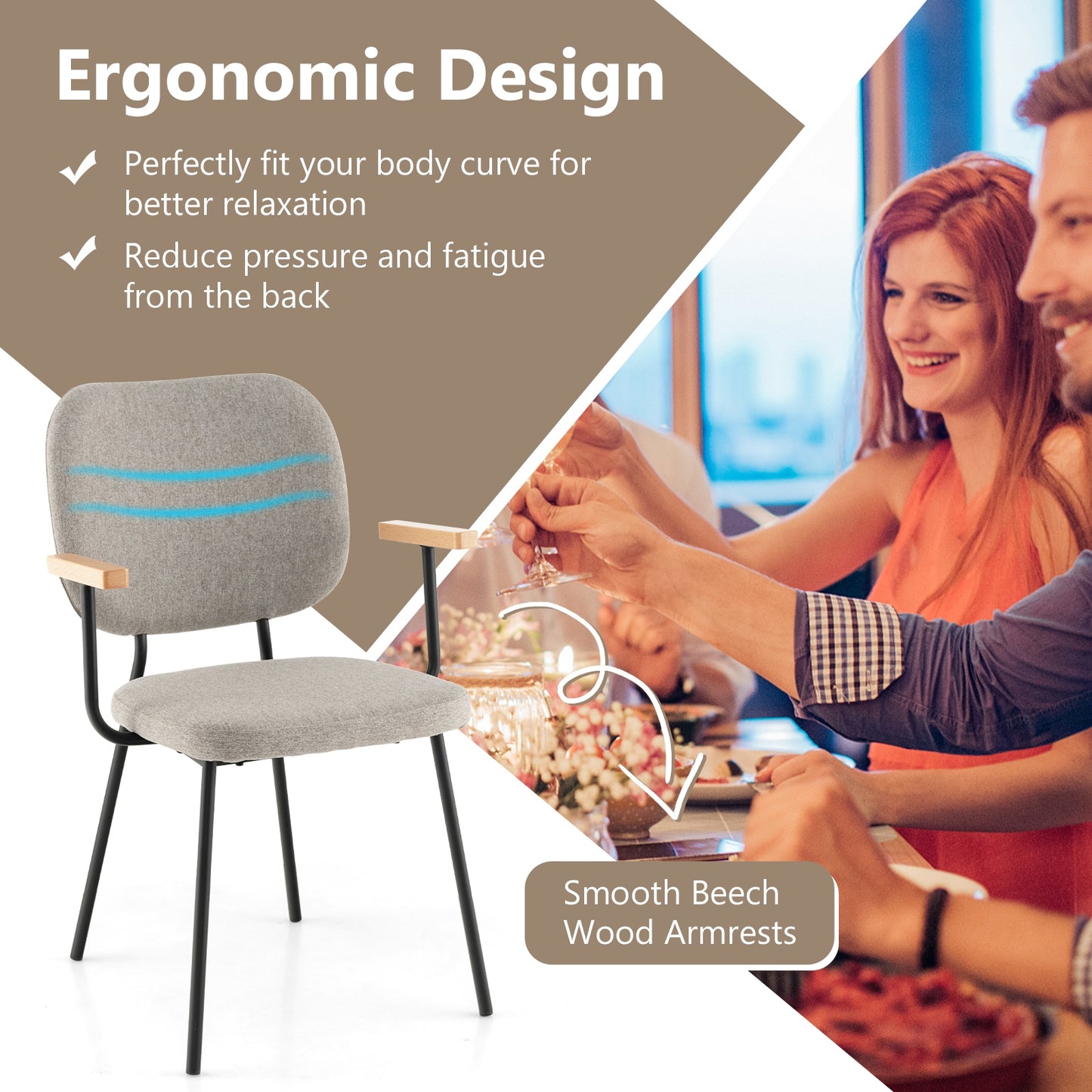 2-Piece Modern Dining Chairs with Armrests and Curved Backrest in Grey