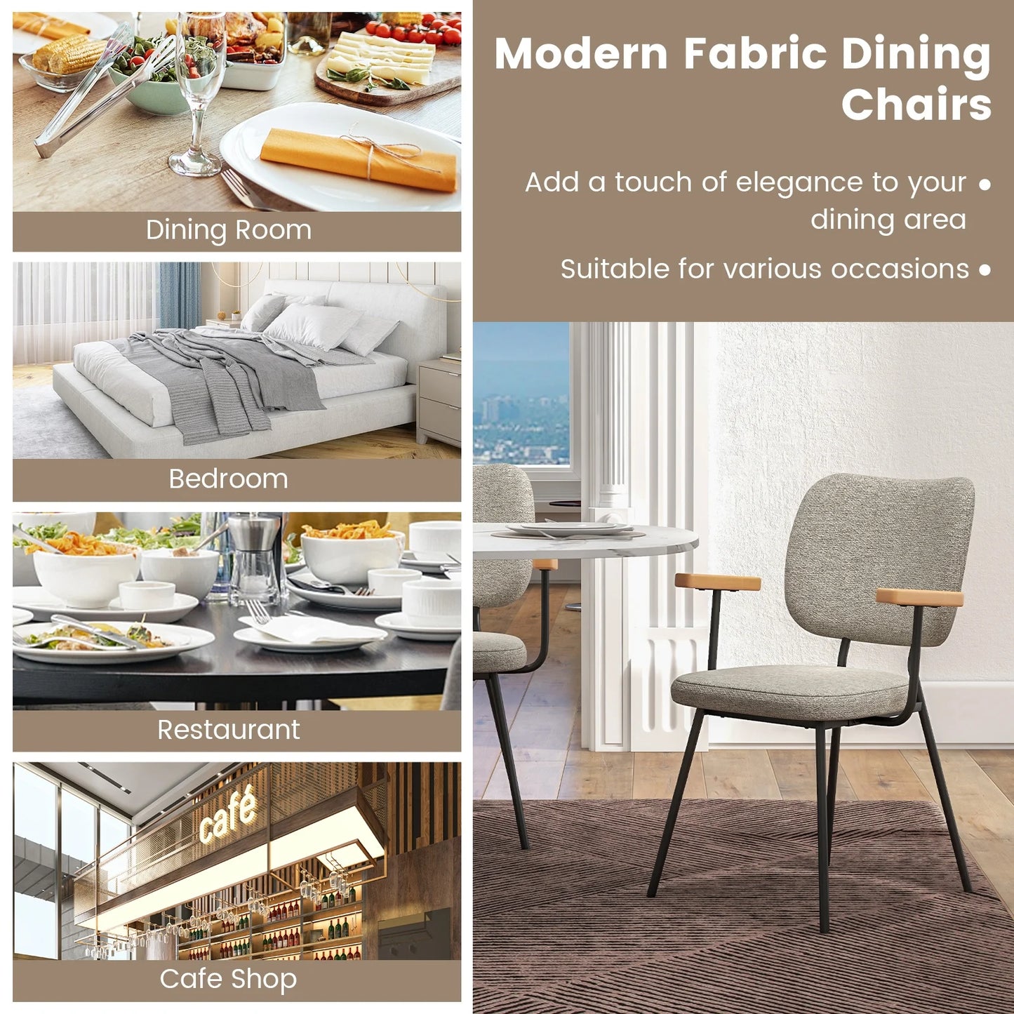 2-Piece Modern Dining Chairs with Armrests and Curved Backrest in Grey