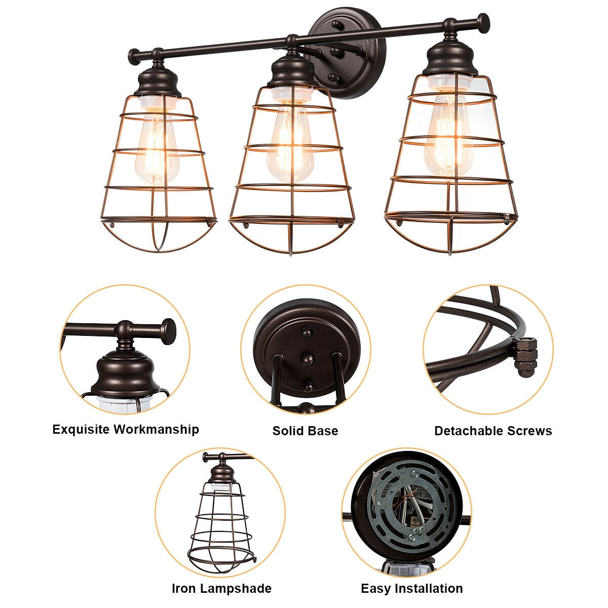 Vintage Inspired 3 Light Bathroom Vanity Sconce with Cage Design and Oil-Rubbed Bronze Finish