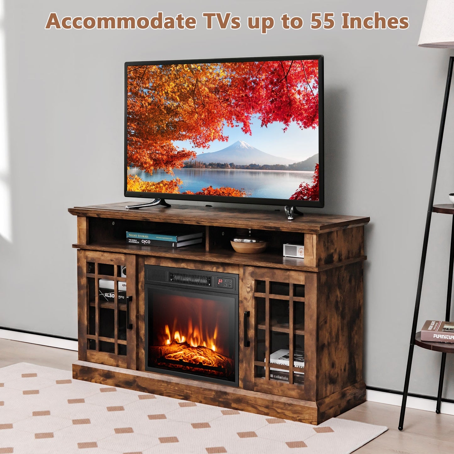 Modern 48 Inch TV Stand with Electric Fireplace and Adjustable Cabinets for TVs Up to 55 Inches - Brown