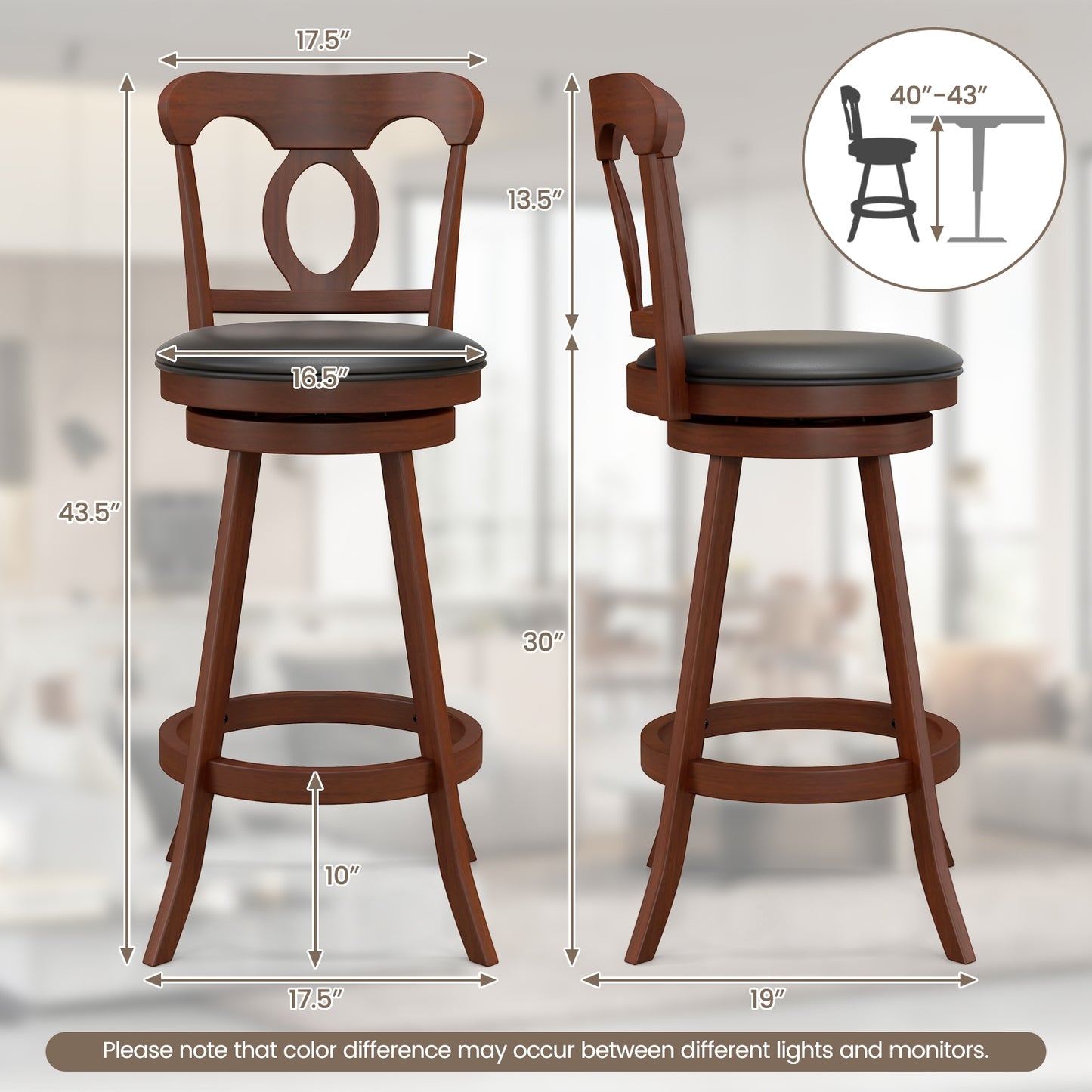 Pair of Swivel Bar Stools with Curved Back and Built-in Footrest, Height 30 Inch