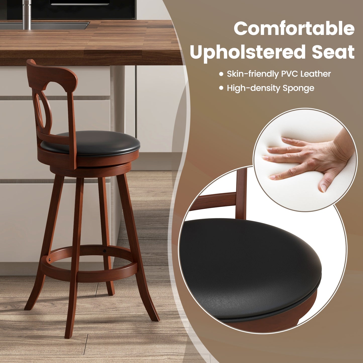 Pair of Swivel Bar Stools with Curved Back and Built-in Footrest, Height 30 Inch
