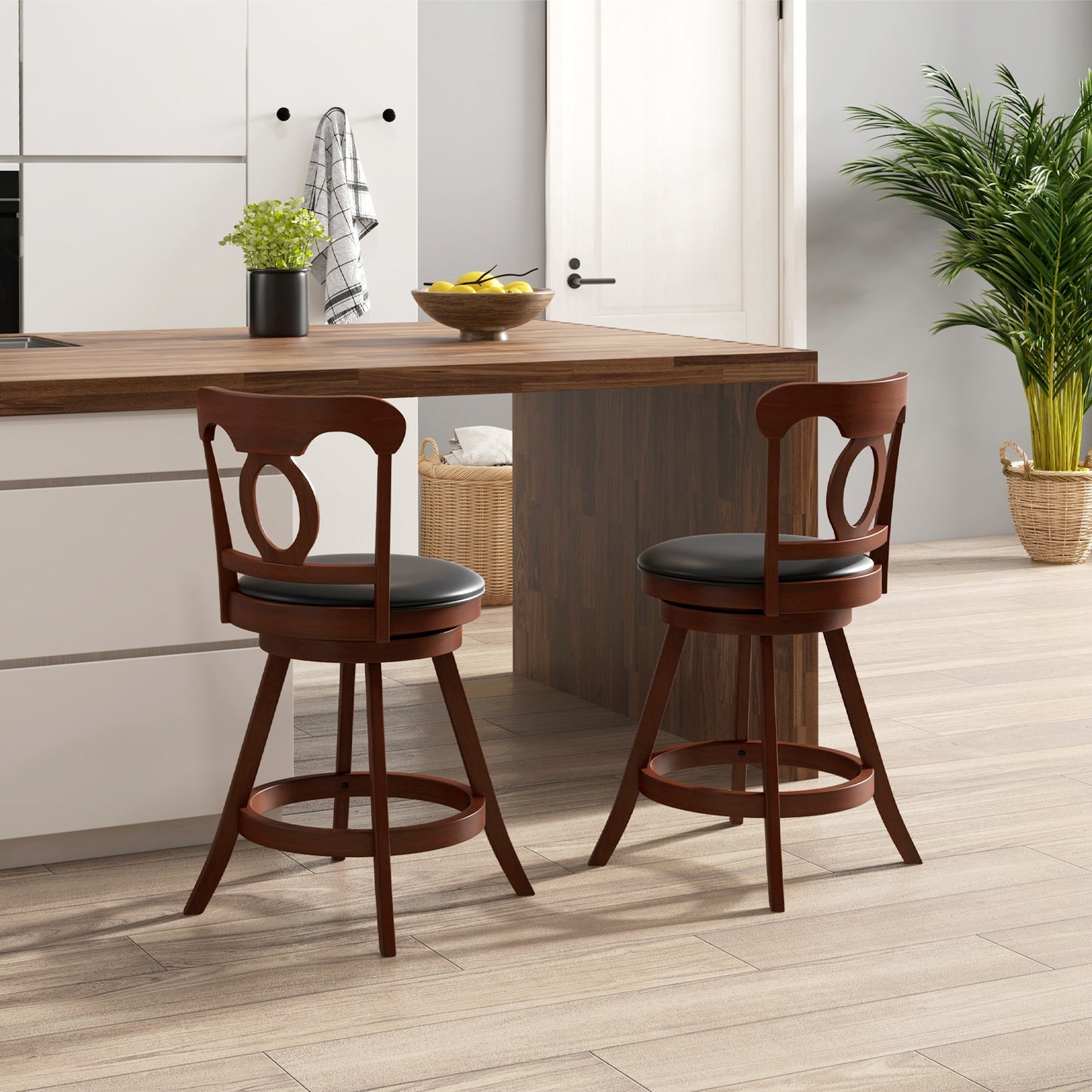 Pair of Swivel Bar Stools with Curved Back and Built-in Footrest, Height 24 Inch