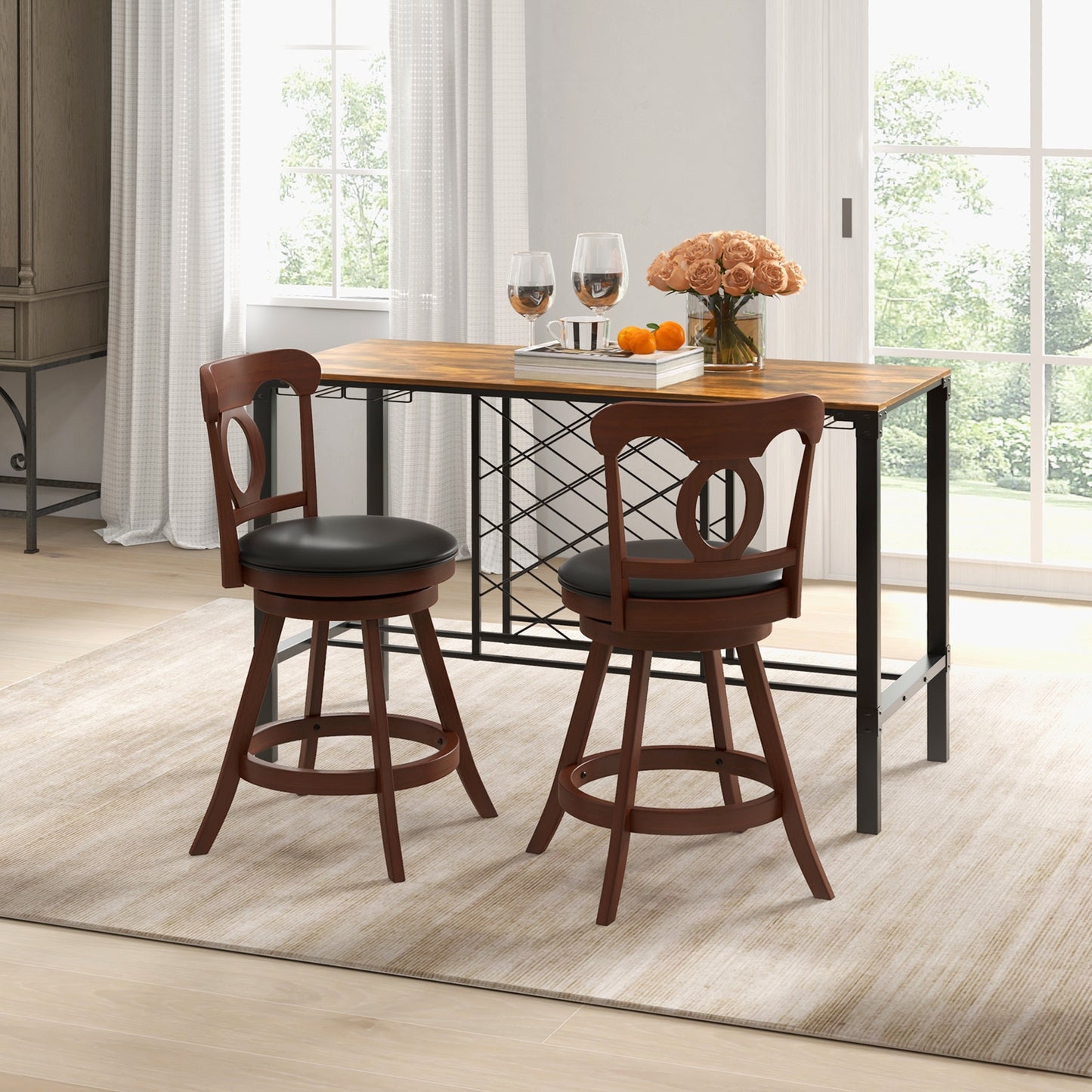Pair of Swivel Bar Stools with Curved Back and Built-in Footrest, Height 24 Inch