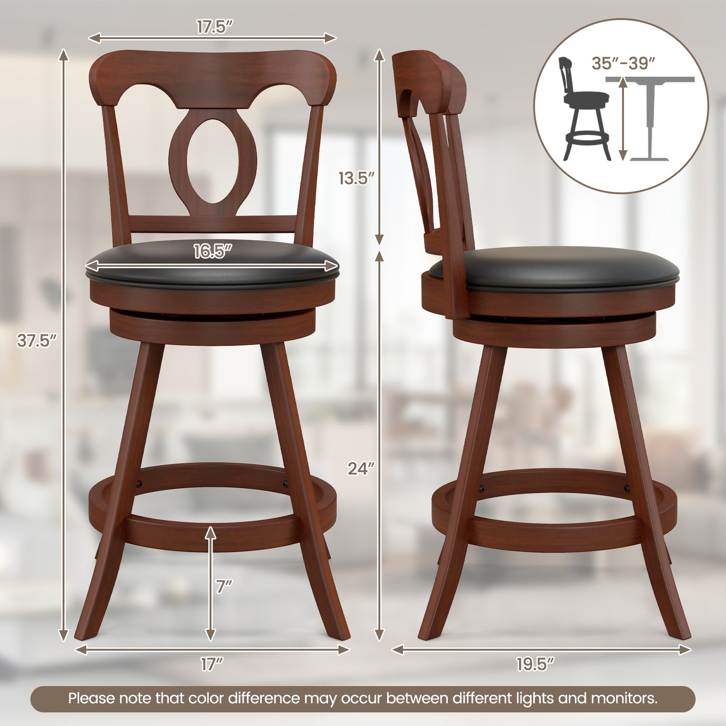 Pair of Swivel Bar Stools with Curved Back and Built-in Footrest, Height 24 Inch