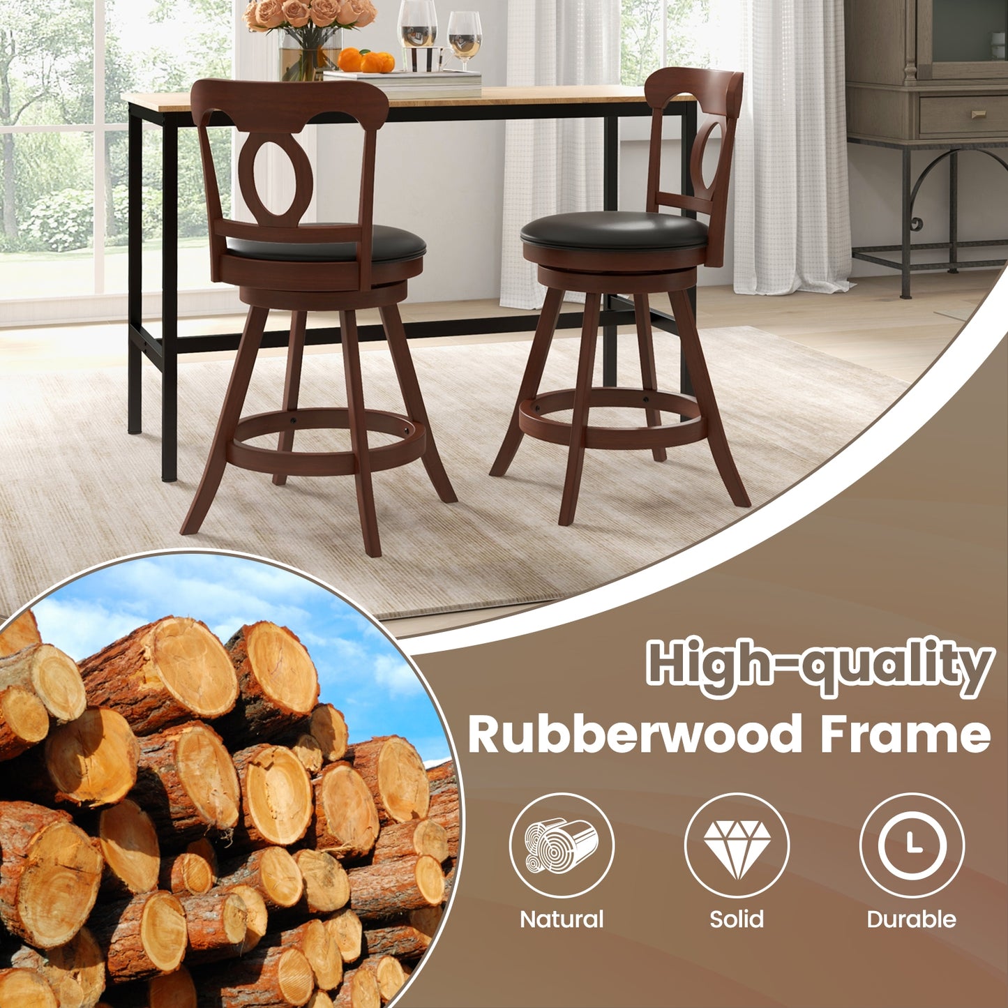 Pair of Swivel Bar Stools with Curved Back and Built-in Footrest, Height 24 Inch