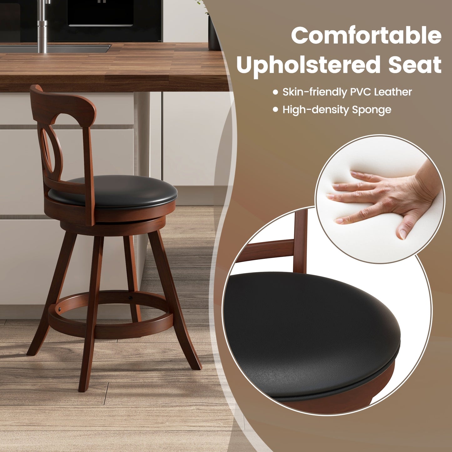 Pair of Swivel Bar Stools with Curved Back and Built-in Footrest, Height 24 Inch
