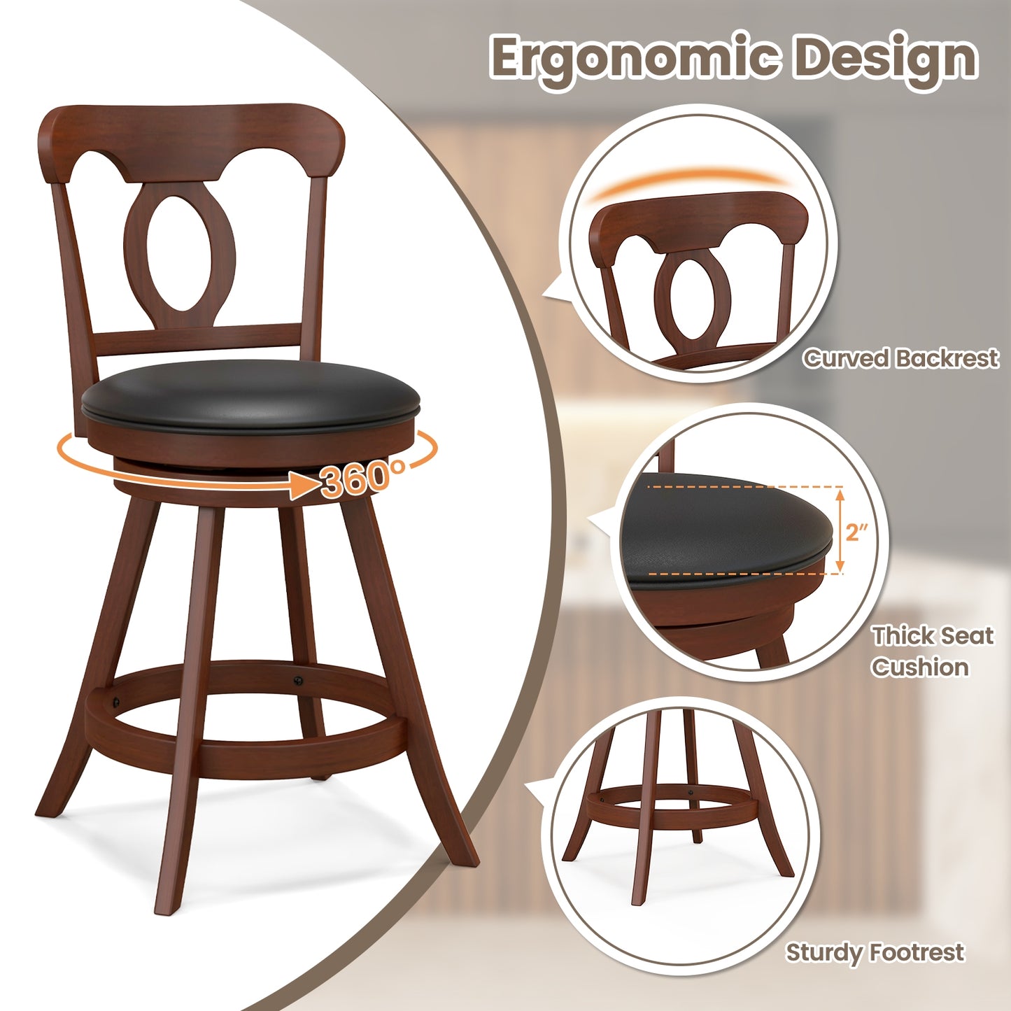 Pair of Swivel Bar Stools with Curved Back and Built-in Footrest, Height 24 Inch