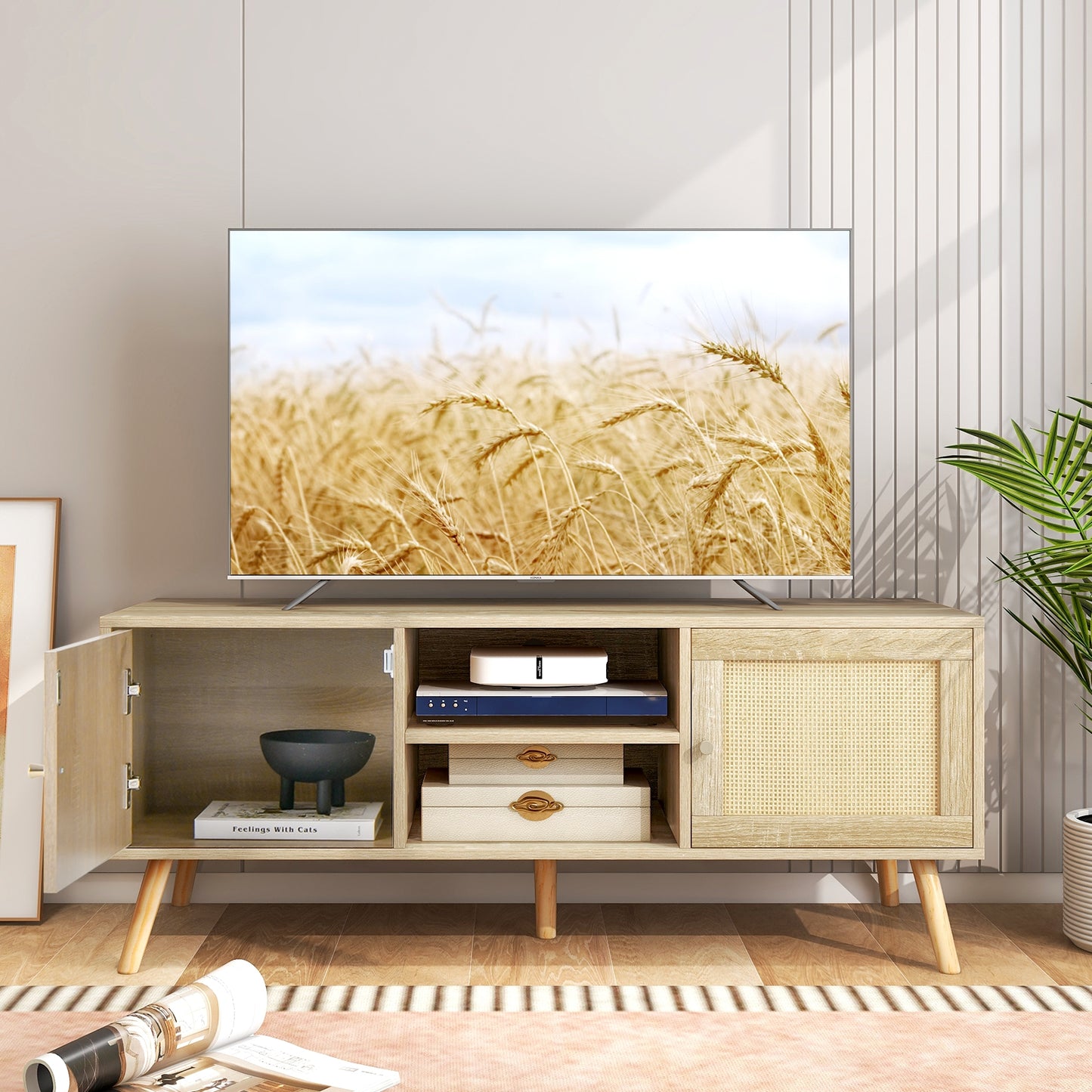 PE Rattan Media Console Table with Two Cabinets and Open Shelves for TVs up to 55 Inches
