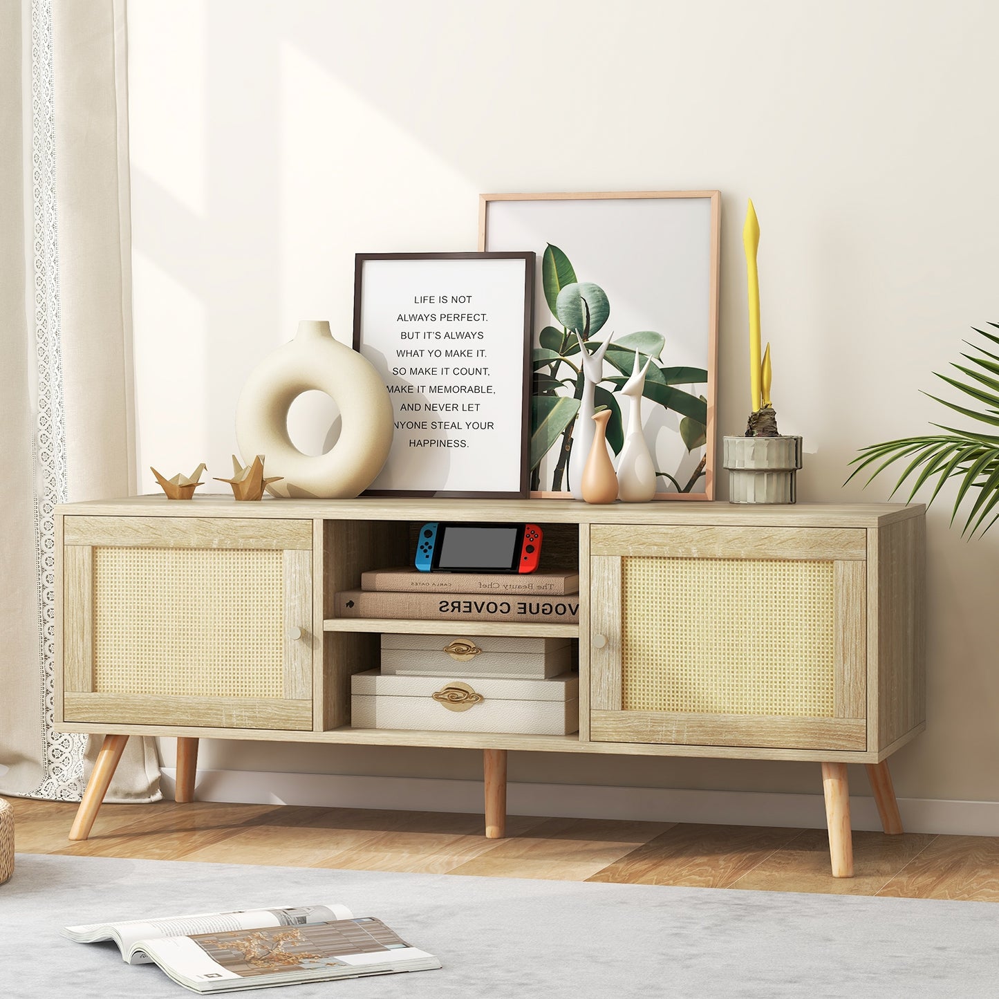 PE Rattan Media Console Table with Two Cabinets and Open Shelves for TVs up to 55 Inches