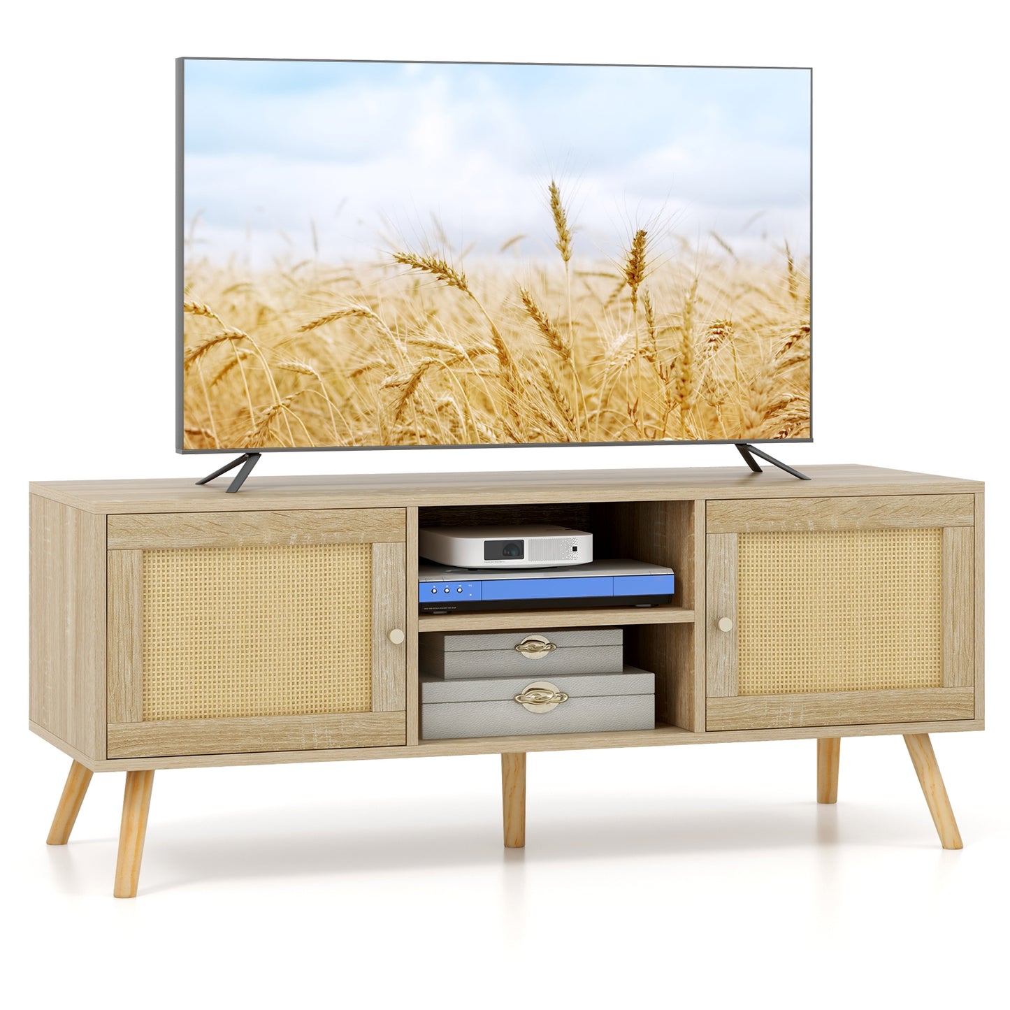 PE Rattan Media Console Table with Two Cabinets and Open Shelves for TVs up to 55 Inches