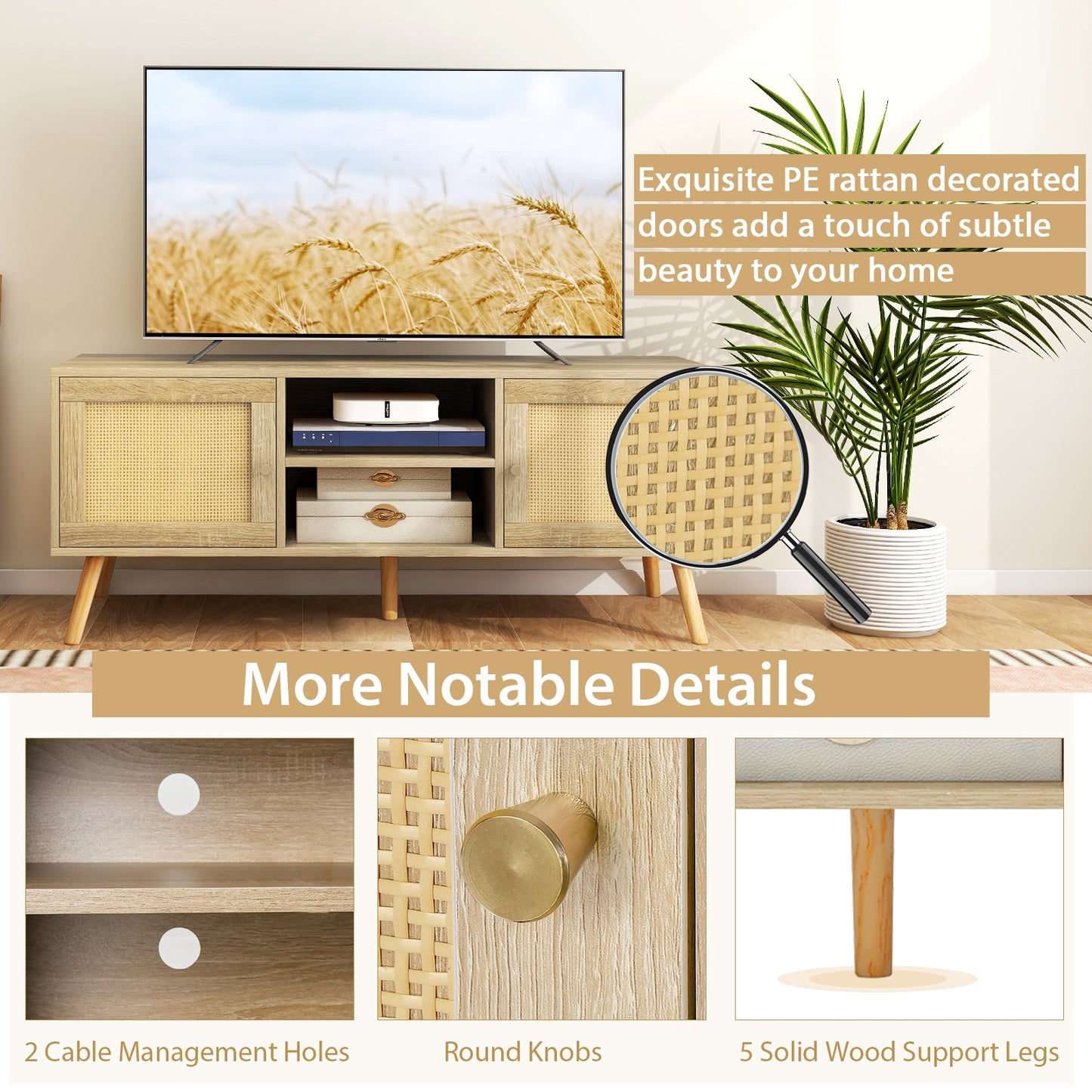 PE Rattan Media Console Table with Two Cabinets and Open Shelves for TVs up to 55 Inches