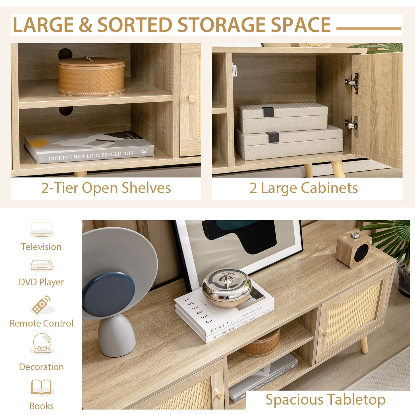 PE Rattan Media Console Table with Two Cabinets and Open Shelves for TVs up to 55 Inches