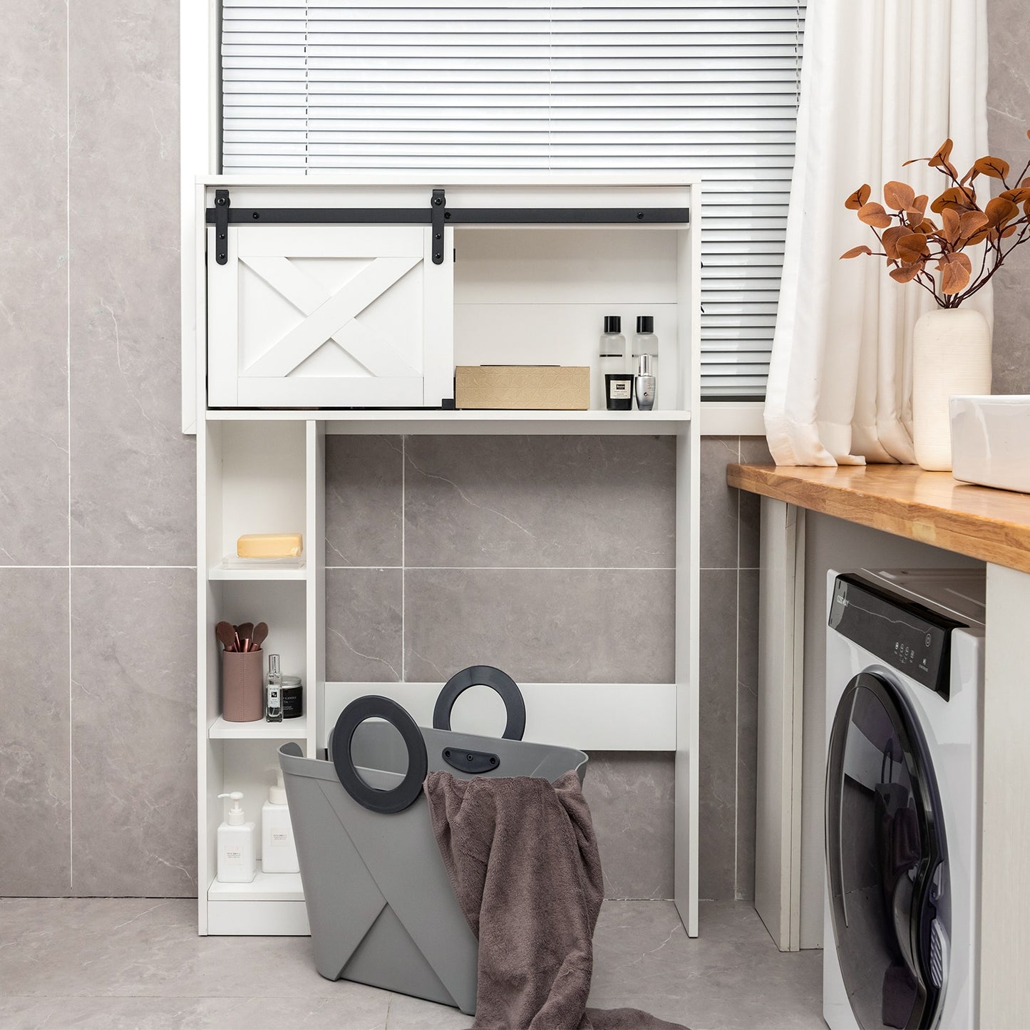 4 Tier Bathroom Storage Cabinet with Sliding Barn Door