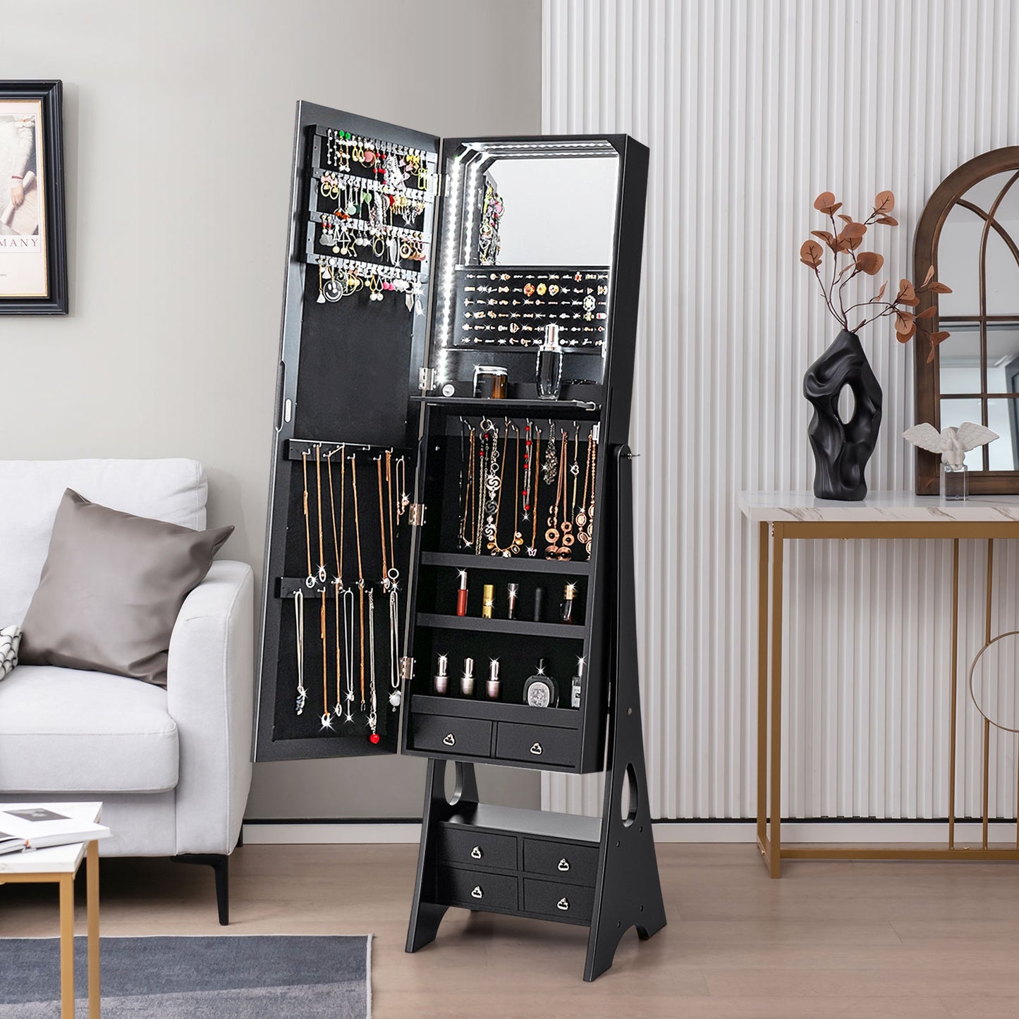 Freestanding Jewelry Armoire with Full-Length LED Mirror and 6 Storage Drawers – Black