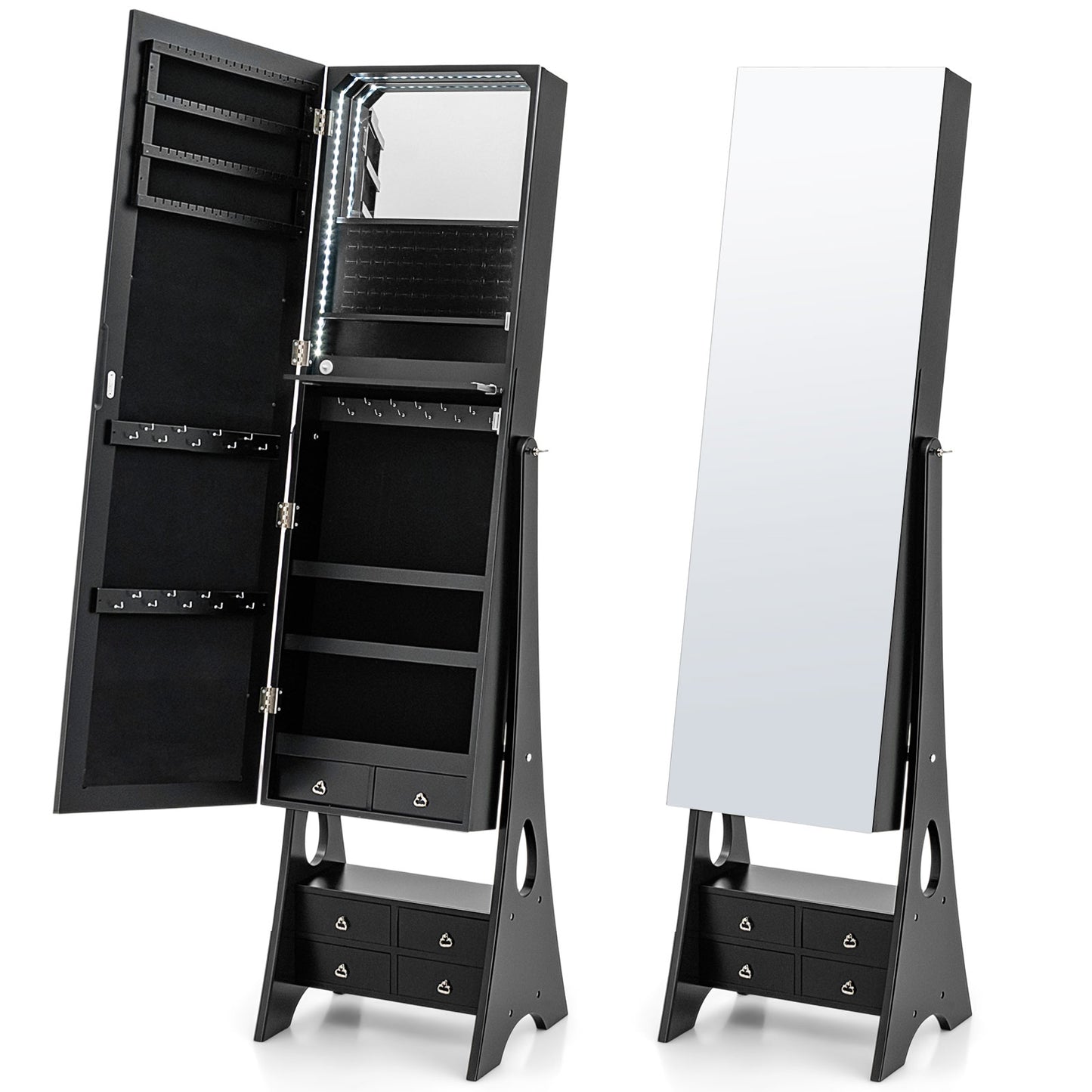 Freestanding Jewelry Armoire with Full-Length LED Mirror and 6 Storage Drawers – Black