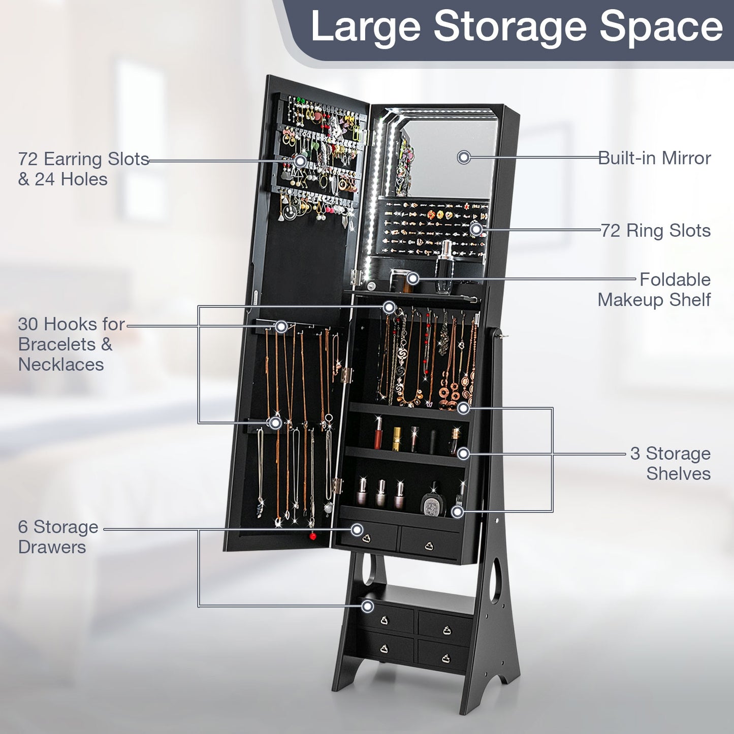 Freestanding Jewelry Armoire with Full-Length LED Mirror and 6 Storage Drawers – Black