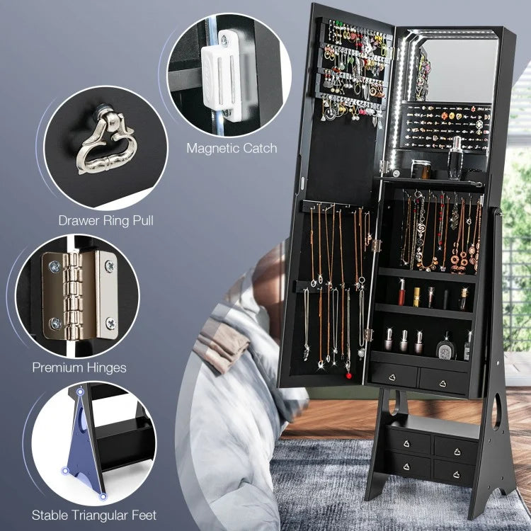 Freestanding Jewelry Armoire with Full-Length LED Mirror and 6 Storage Drawers – Black
