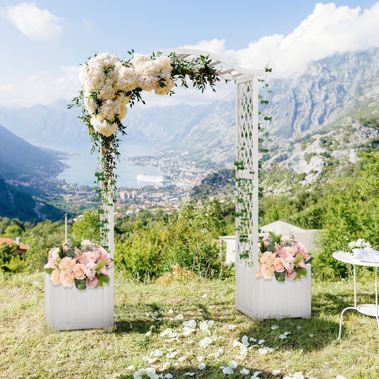 White Wooden Garden Arbor with Planter Boxes & Trellis for Climbing Plants and Outdoor Decorations