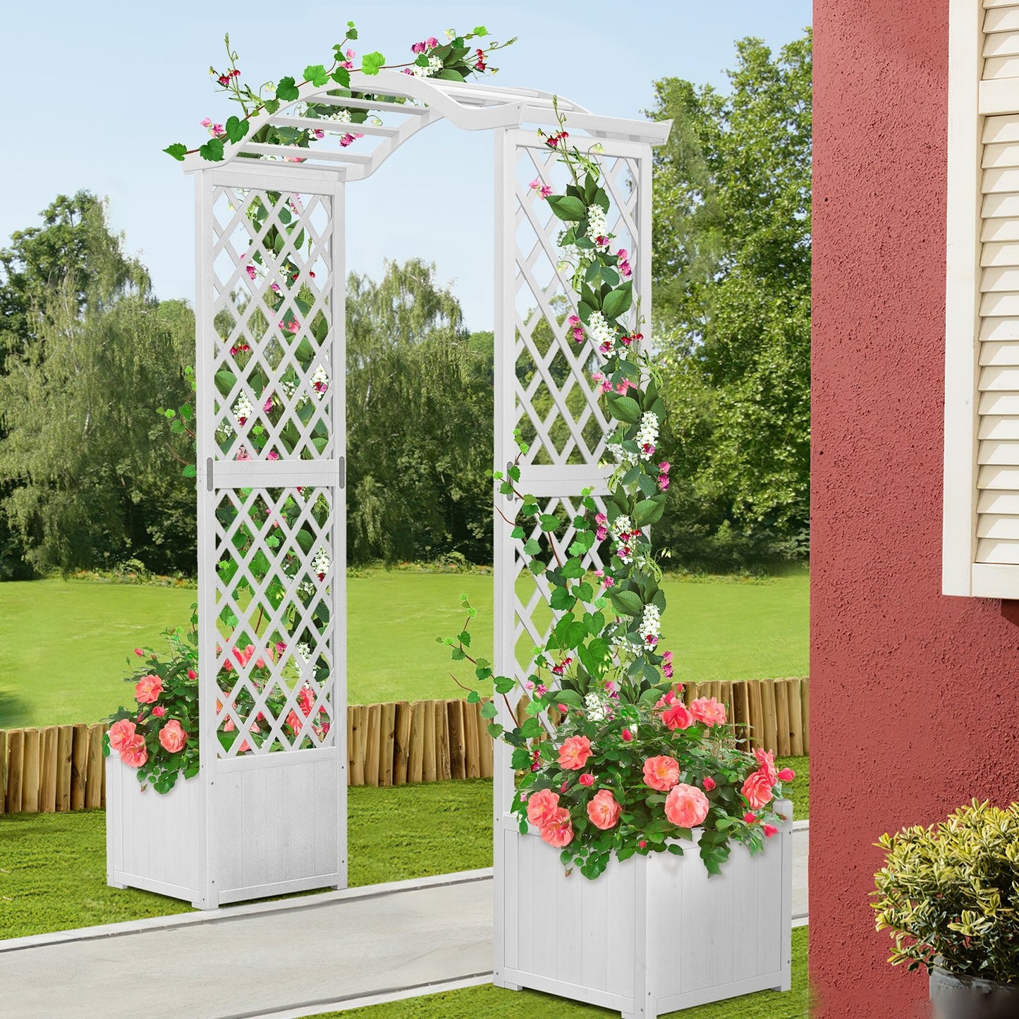 White Wooden Garden Arbor with Planter Boxes & Trellis for Climbing Plants and Outdoor Decorations