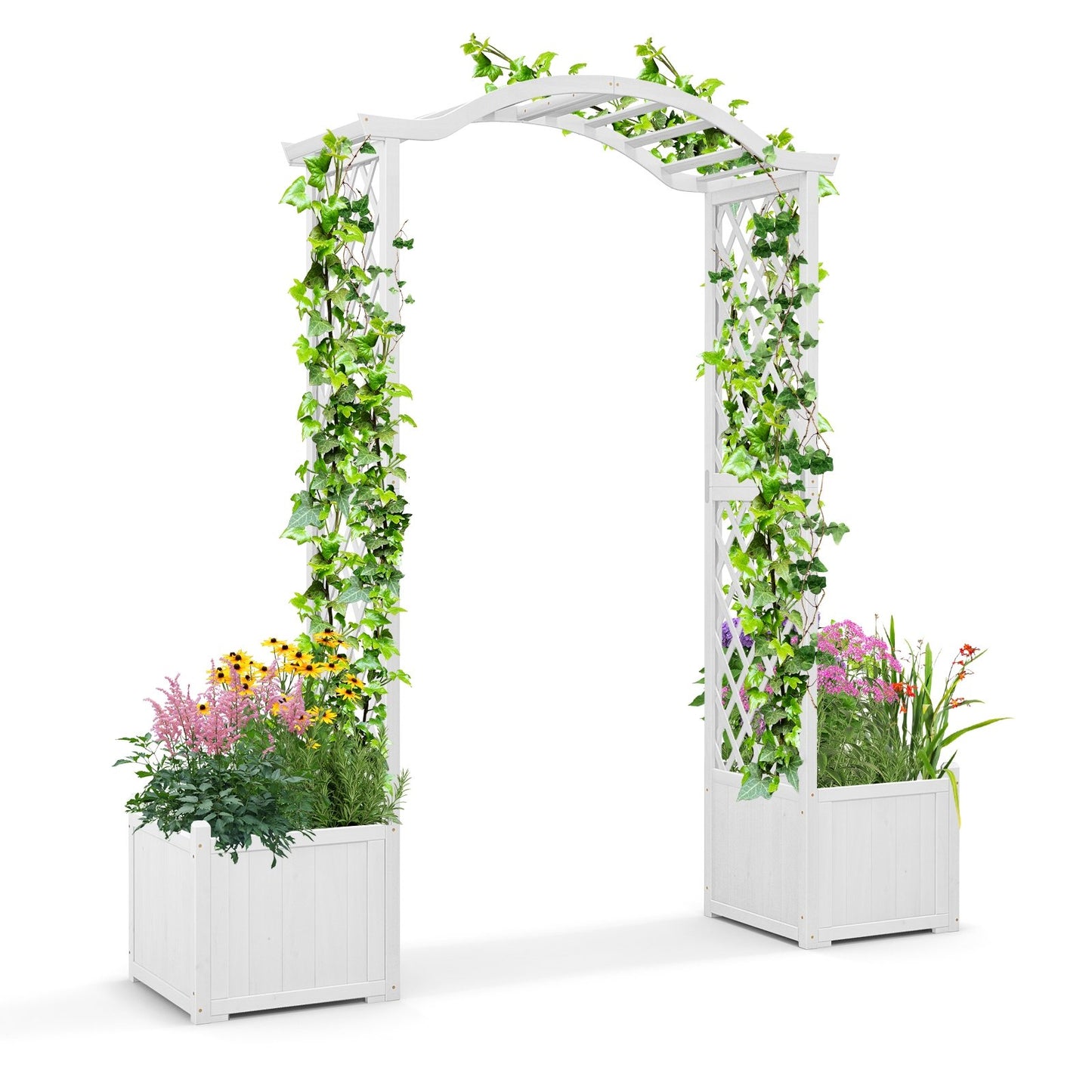 White Wooden Garden Arbor with Planter Boxes & Trellis for Climbing Plants and Outdoor Decorations