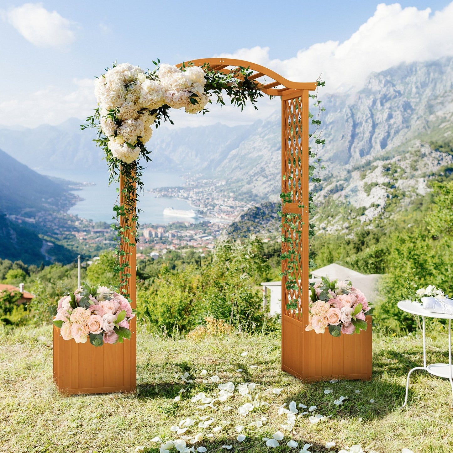 Orange Wooden Garden Arbor with Planter Boxes & Trellis for Climbing Plants and Outdoor Decorations