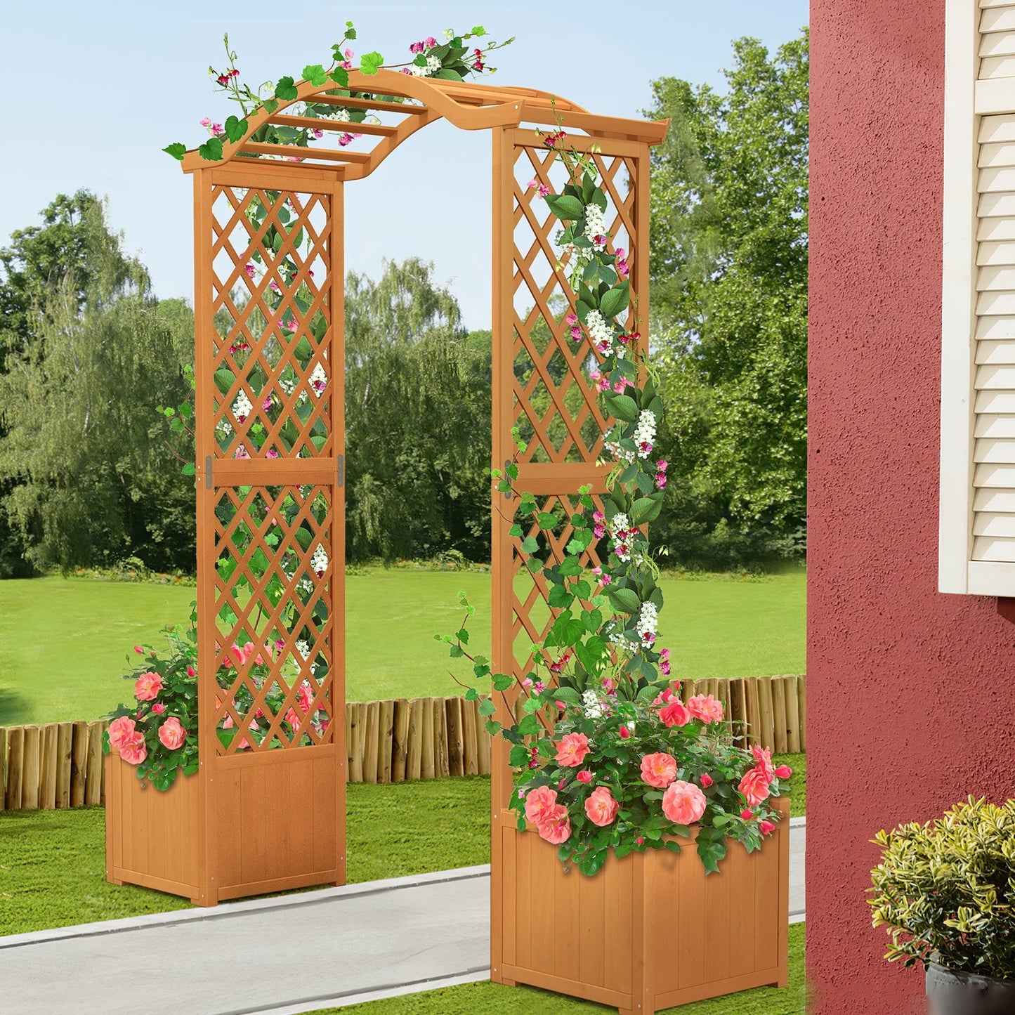 Orange Wooden Garden Arbor with Planter Boxes & Trellis for Climbing Plants and Outdoor Decorations