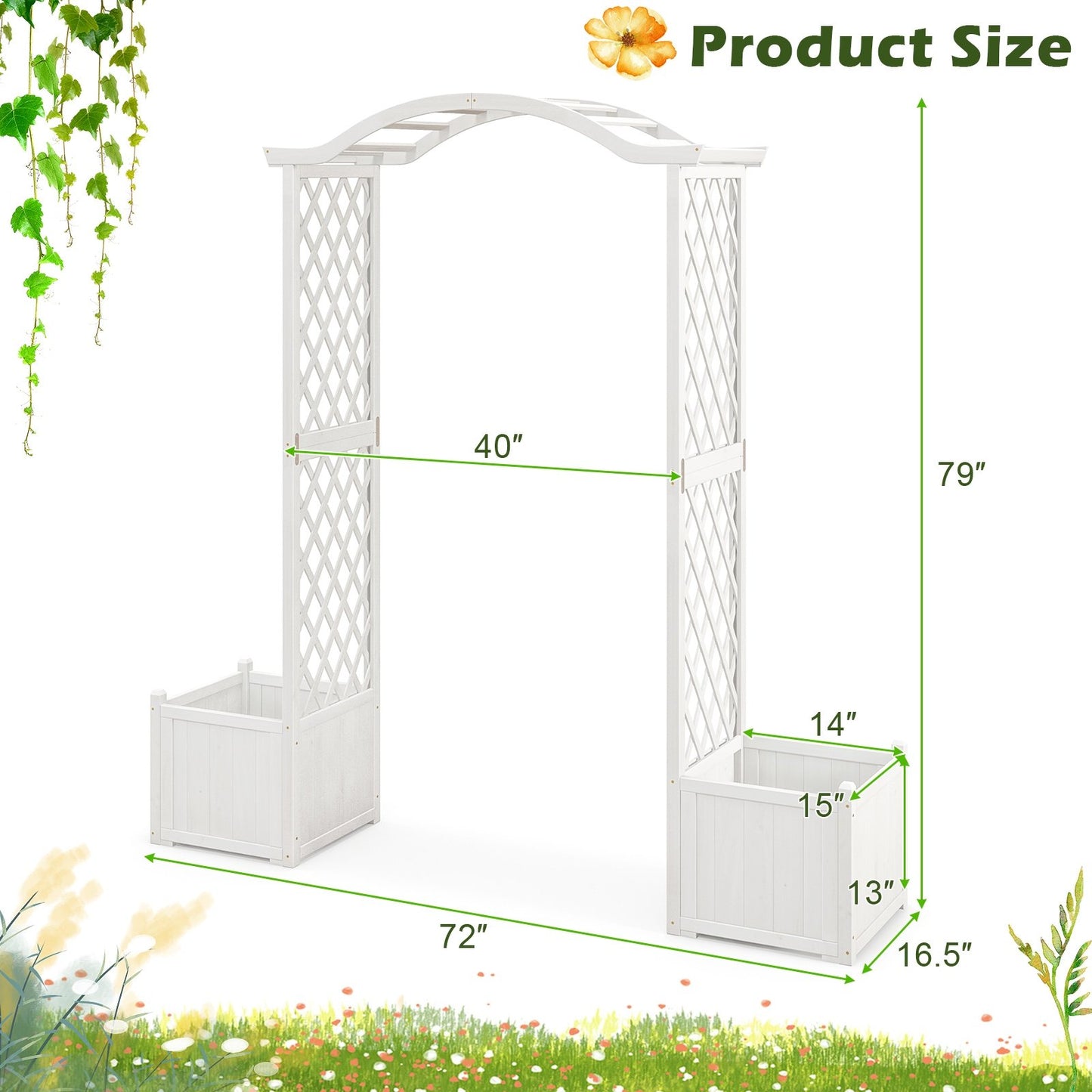 White Wooden Garden Arbor with Planter Boxes & Trellis for Climbing Plants and Outdoor Decorations