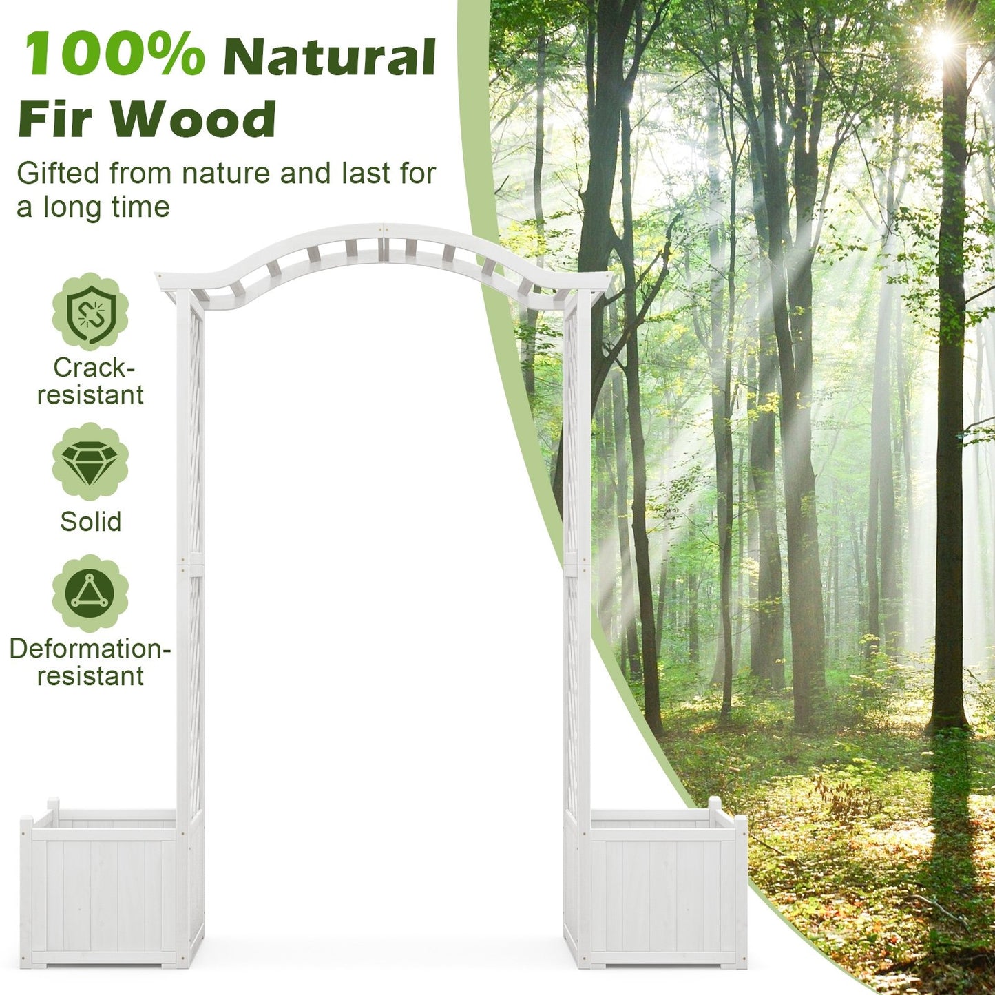 White Wooden Garden Arbor with Planter Boxes & Trellis for Climbing Plants and Outdoor Decorations