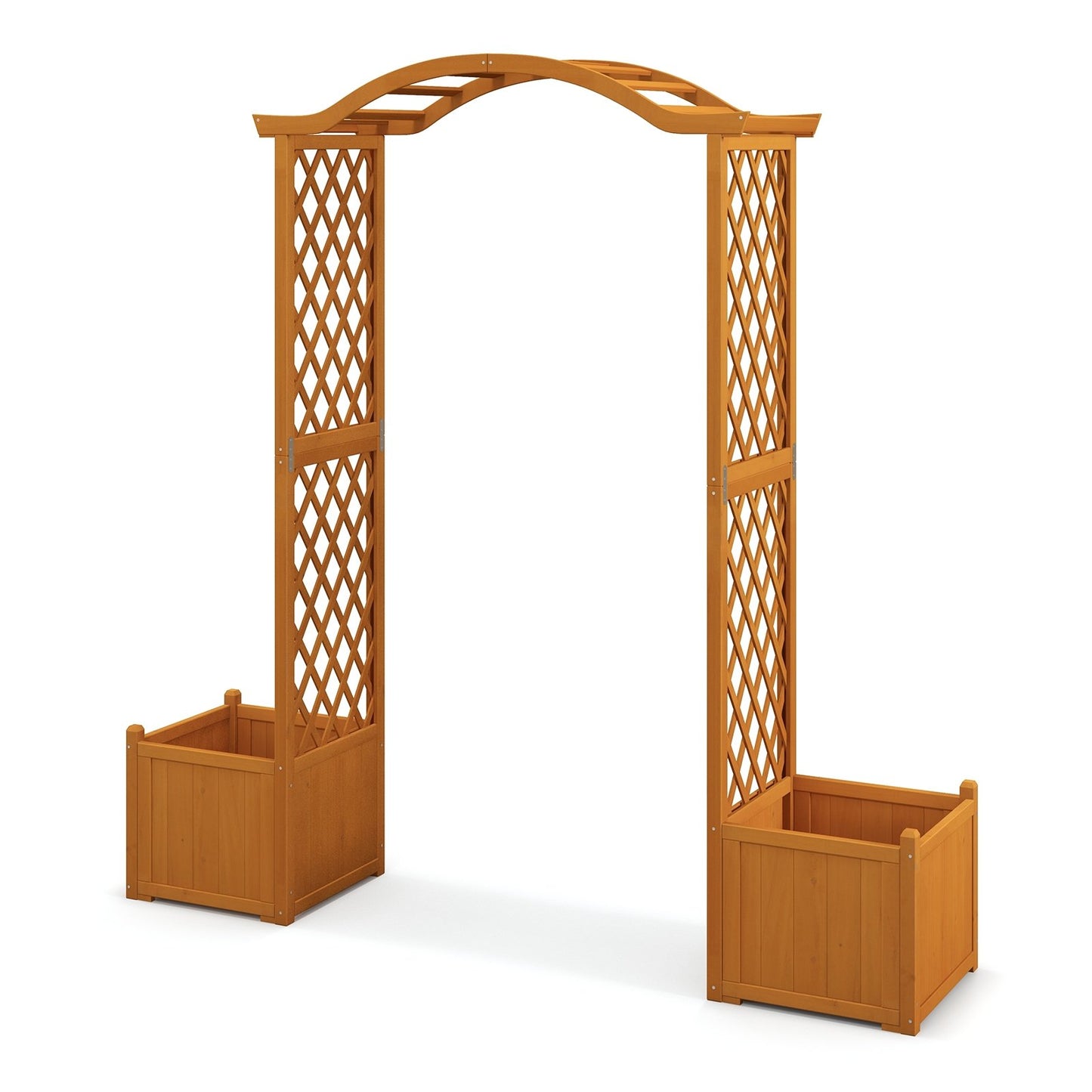 Orange Wooden Garden Arbor with Planter Boxes & Trellis for Climbing Plants and Outdoor Decorations