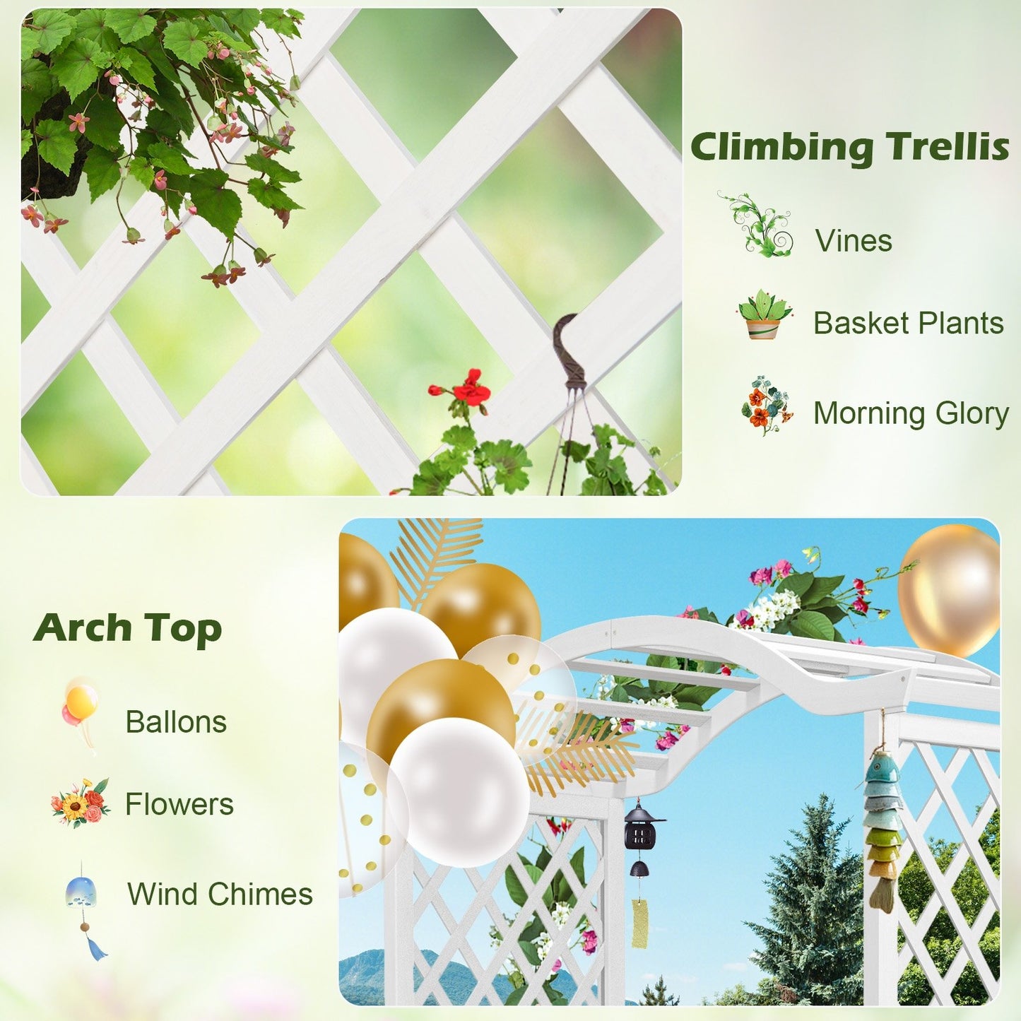 White Wooden Garden Arbor with Planter Boxes & Trellis for Climbing Plants and Outdoor Decorations