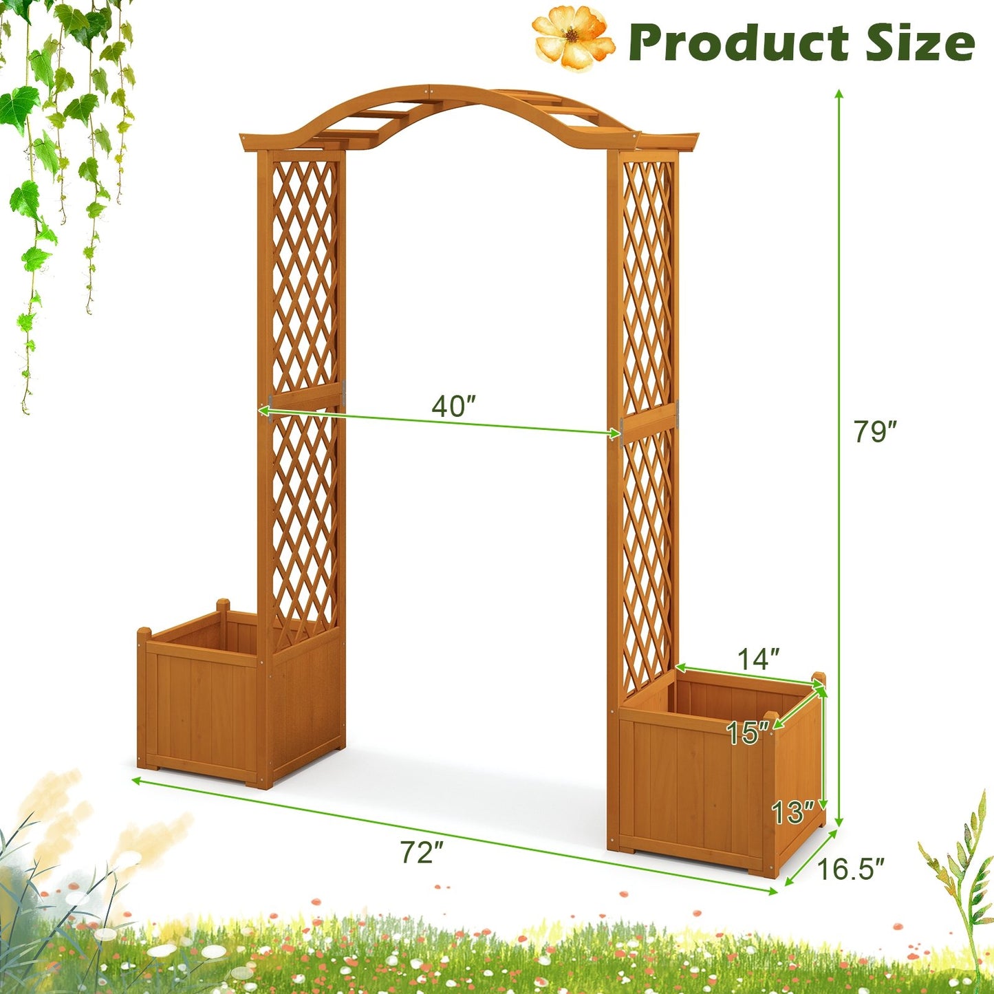 Orange Wooden Garden Arbor with Planter Boxes & Trellis for Climbing Plants and Outdoor Decorations