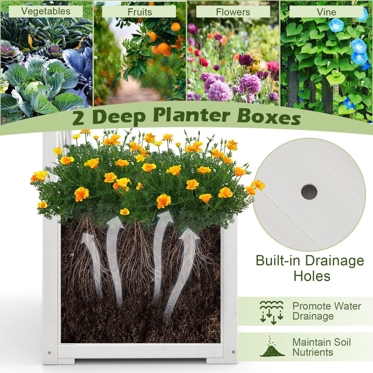 White Wooden Garden Arbor with Planter Boxes & Trellis for Climbing Plants and Outdoor Decorations