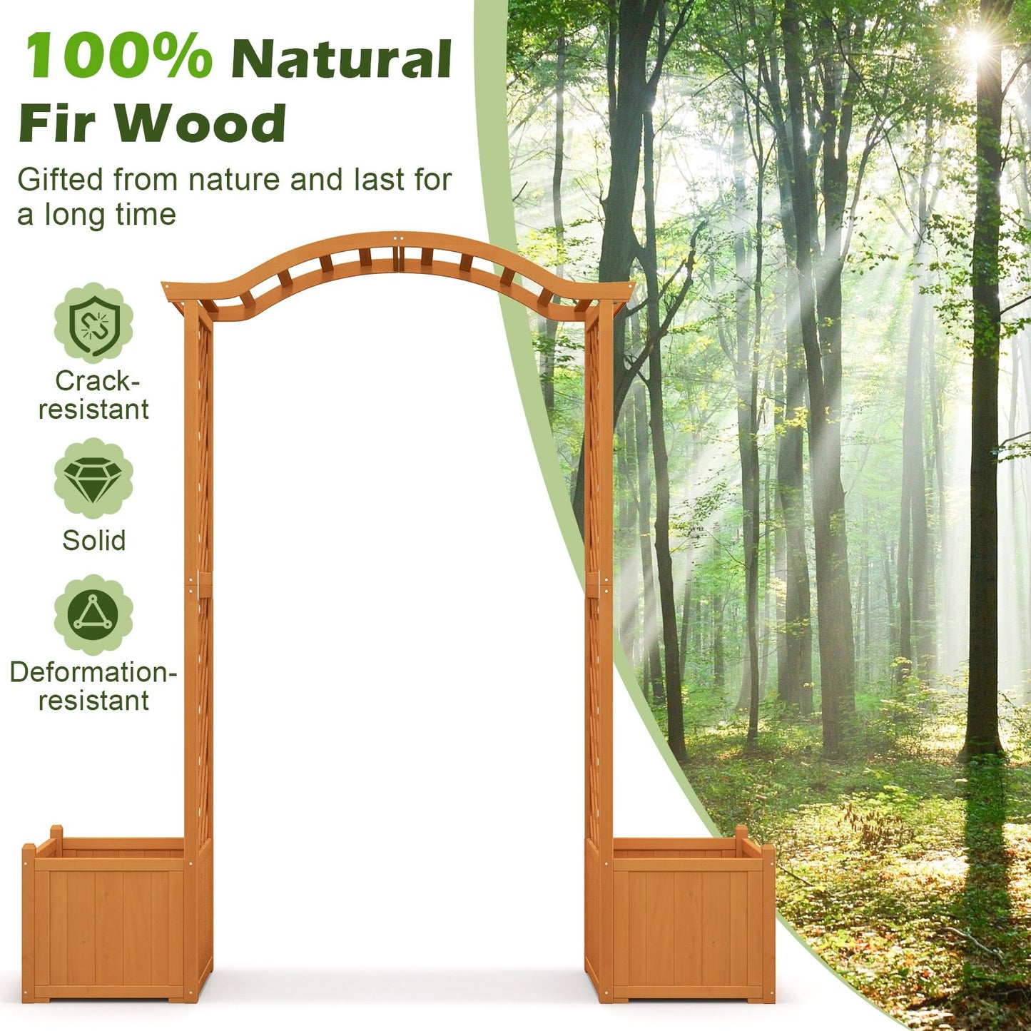 Orange Wooden Garden Arbor with Planter Boxes & Trellis for Climbing Plants and Outdoor Decorations