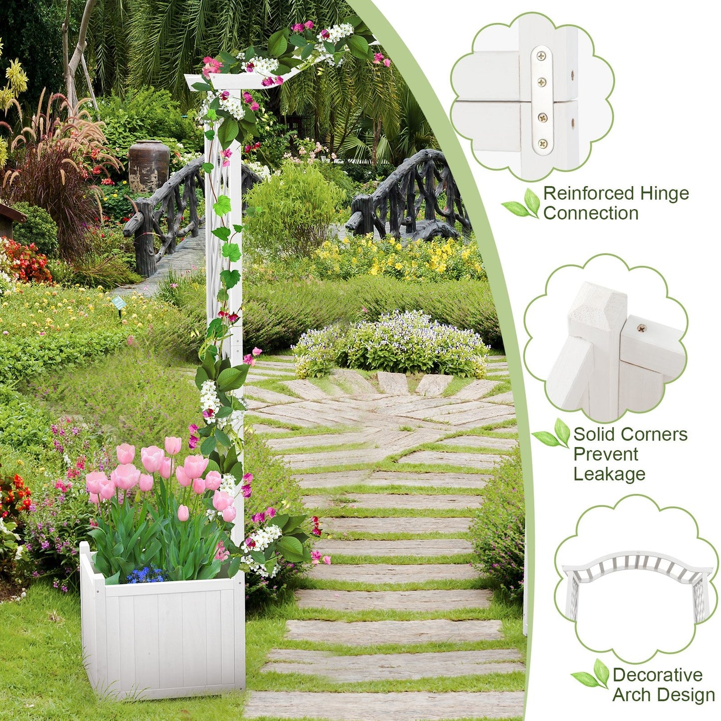 White Wooden Garden Arbor with Planter Boxes & Trellis for Climbing Plants and Outdoor Decorations