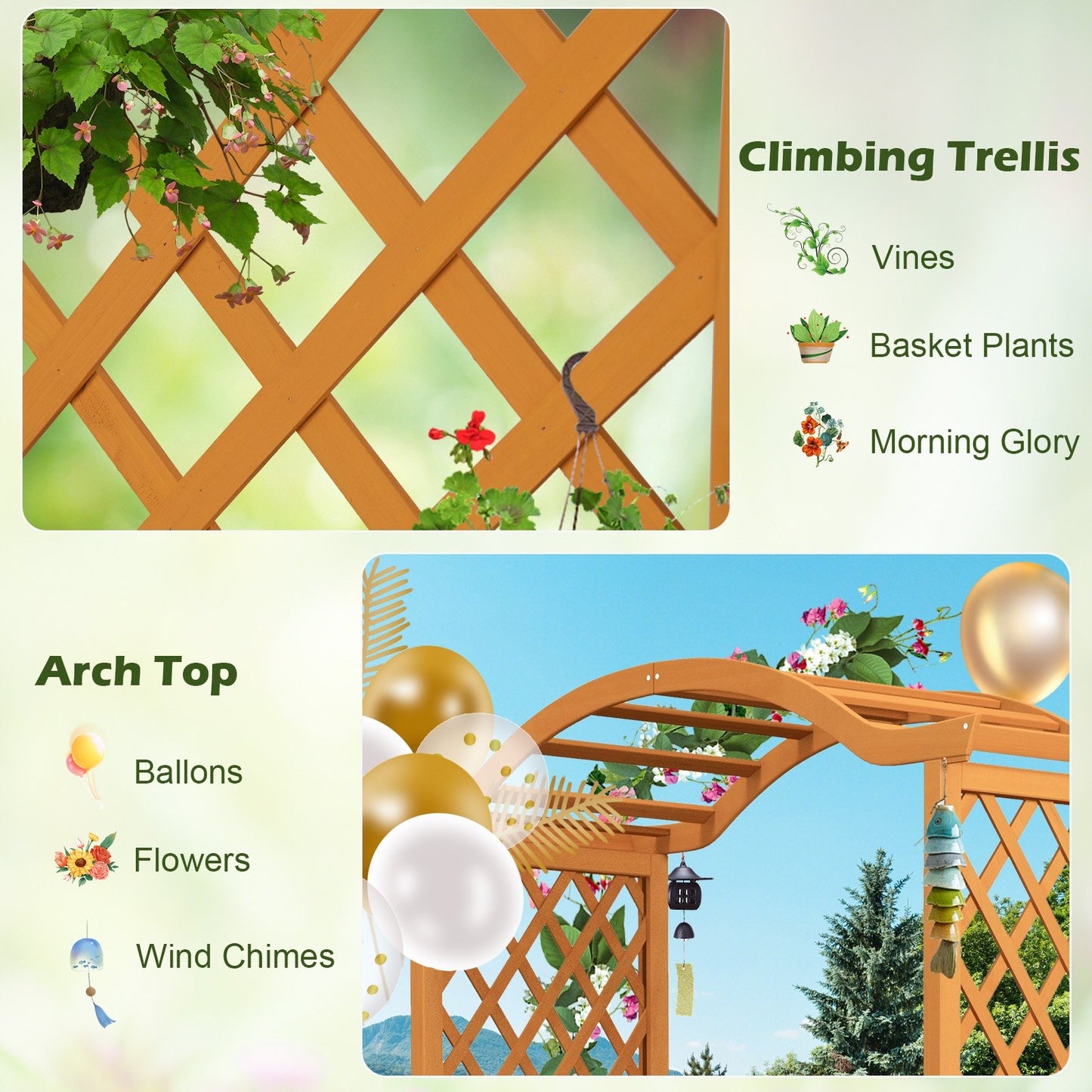 Orange Wooden Garden Arbor with Planter Boxes & Trellis for Climbing Plants and Outdoor Decorations