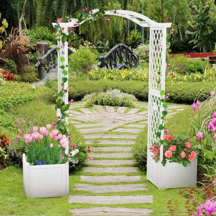 White Wooden Garden Arbor with Planter Boxes & Trellis for Climbing Plants and Outdoor Decorations