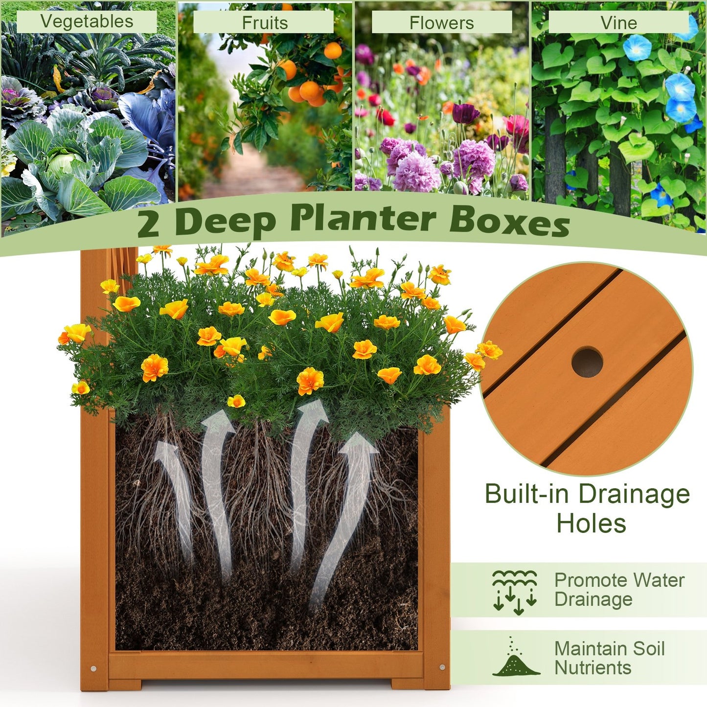 Orange Wooden Garden Arbor with Planter Boxes & Trellis for Climbing Plants and Outdoor Decorations