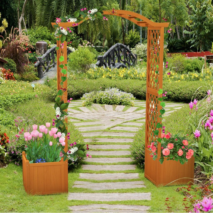 Orange Wooden Garden Arbor with Planter Boxes & Trellis for Climbing Plants and Outdoor Decorations