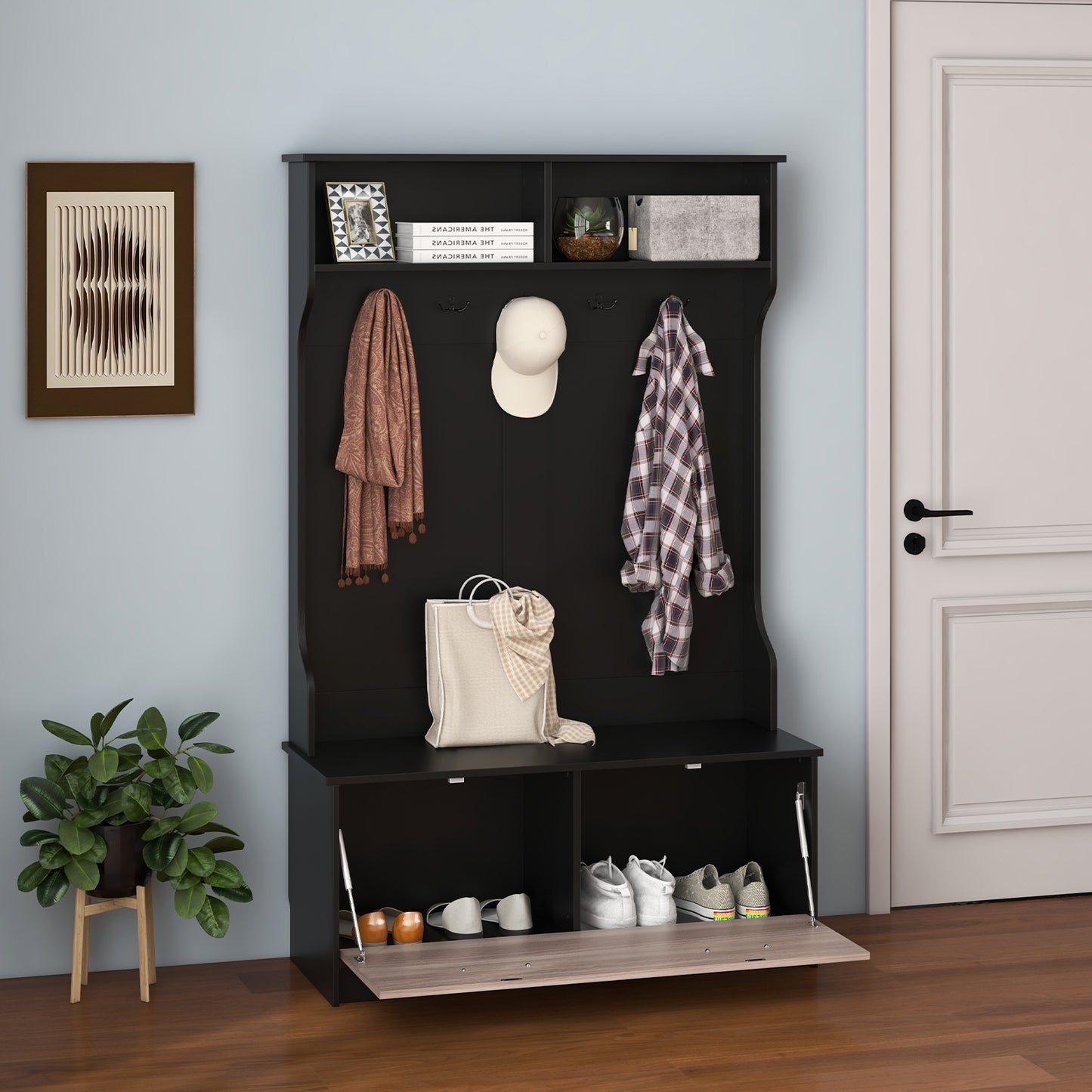 Hall Tree with Bench Coat Hooks and Hidden Storage Cabinet - Black