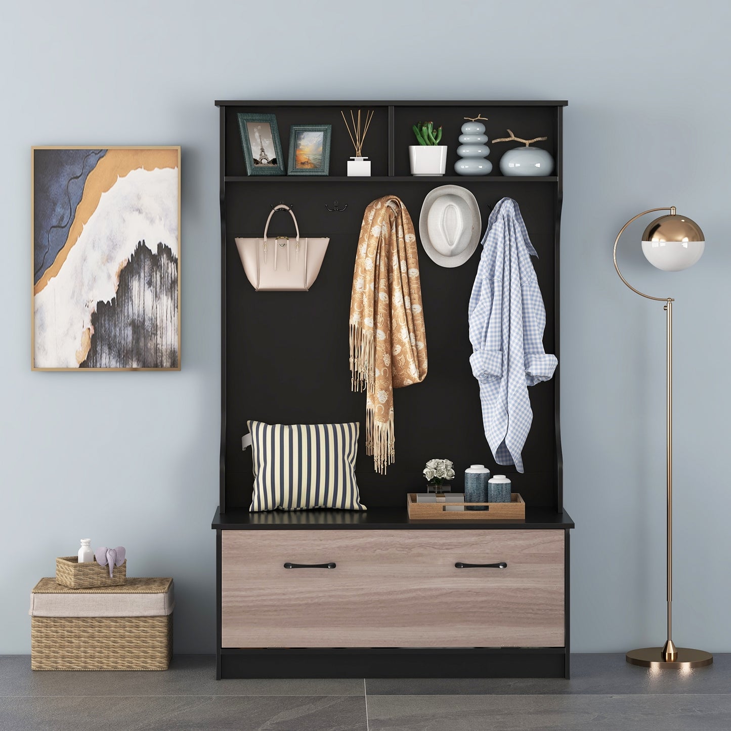 Hall Tree with Bench Coat Hooks and Hidden Storage Cabinet - Black