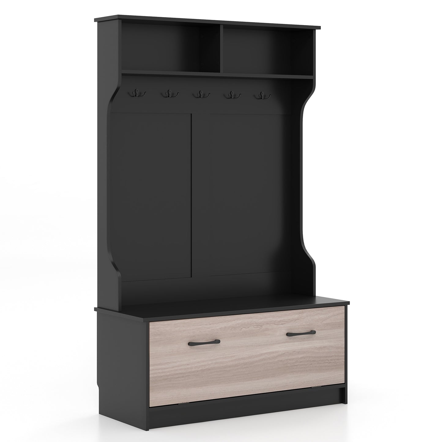 Hall Tree with Bench Coat Hooks and Hidden Storage Cabinet - Black