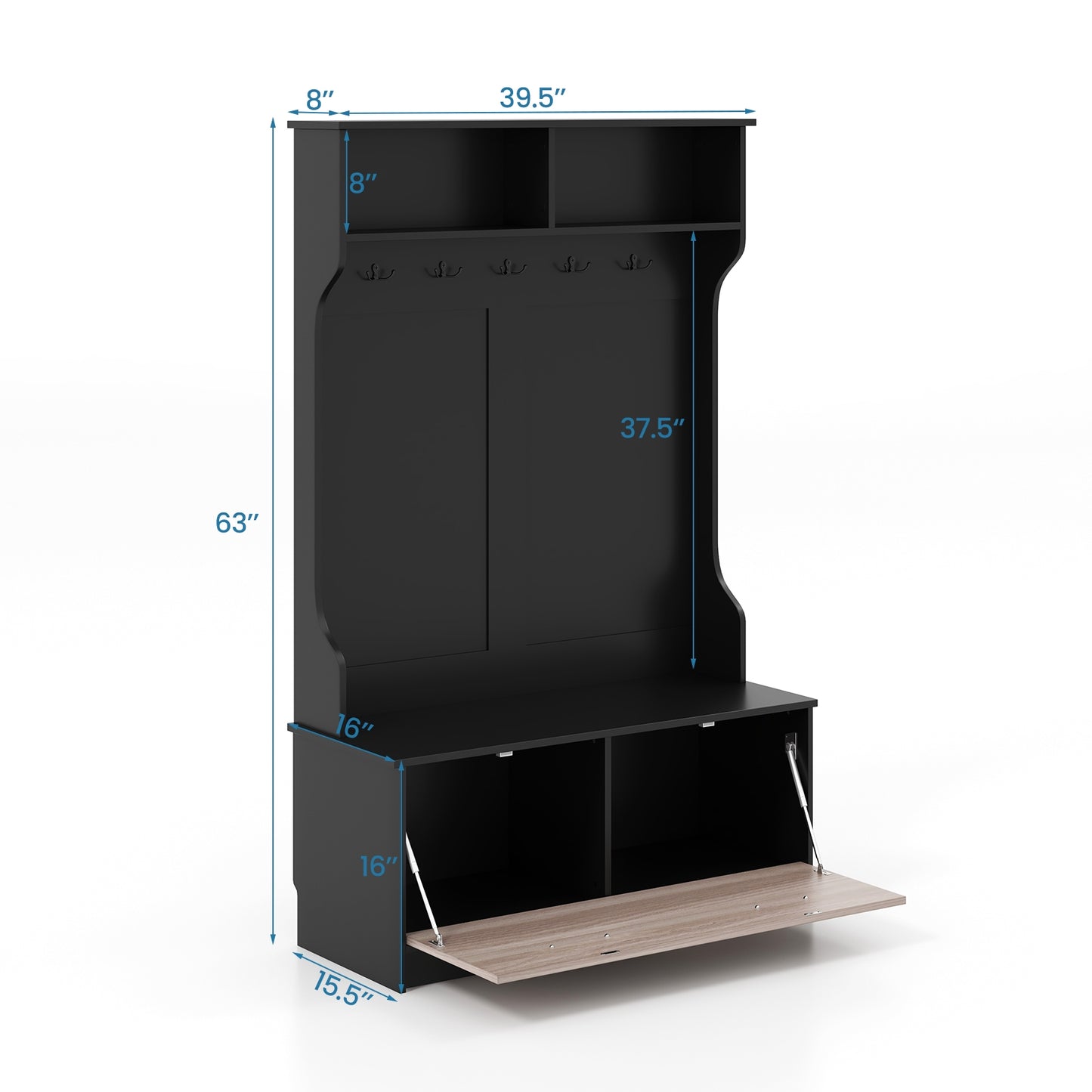 Hall Tree with Bench Coat Hooks and Hidden Storage Cabinet - Black
