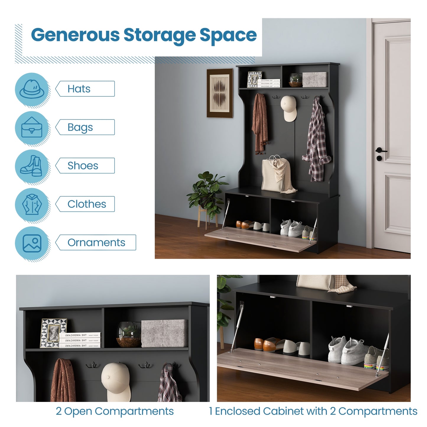 Hall Tree with Bench Coat Hooks and Hidden Storage Cabinet - Black