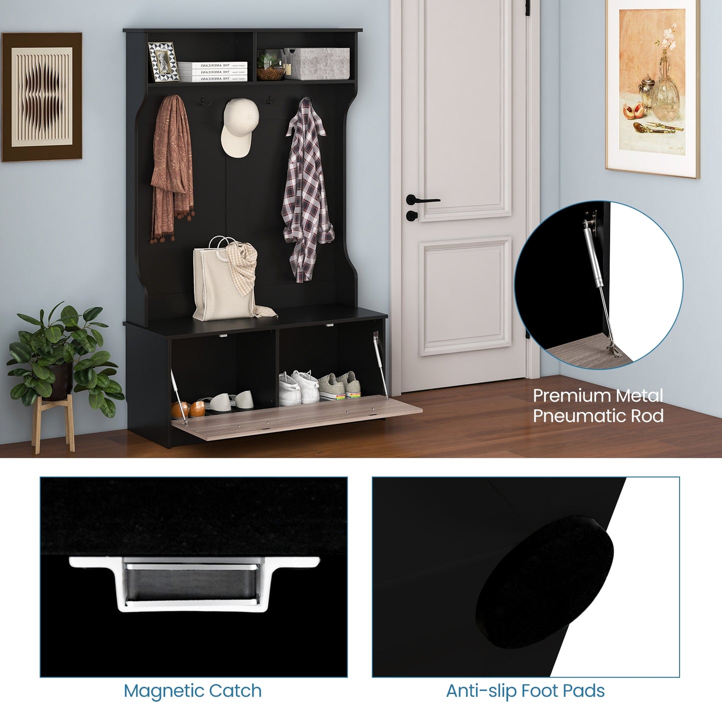 Hall Tree with Bench Coat Hooks and Hidden Storage Cabinet - Black