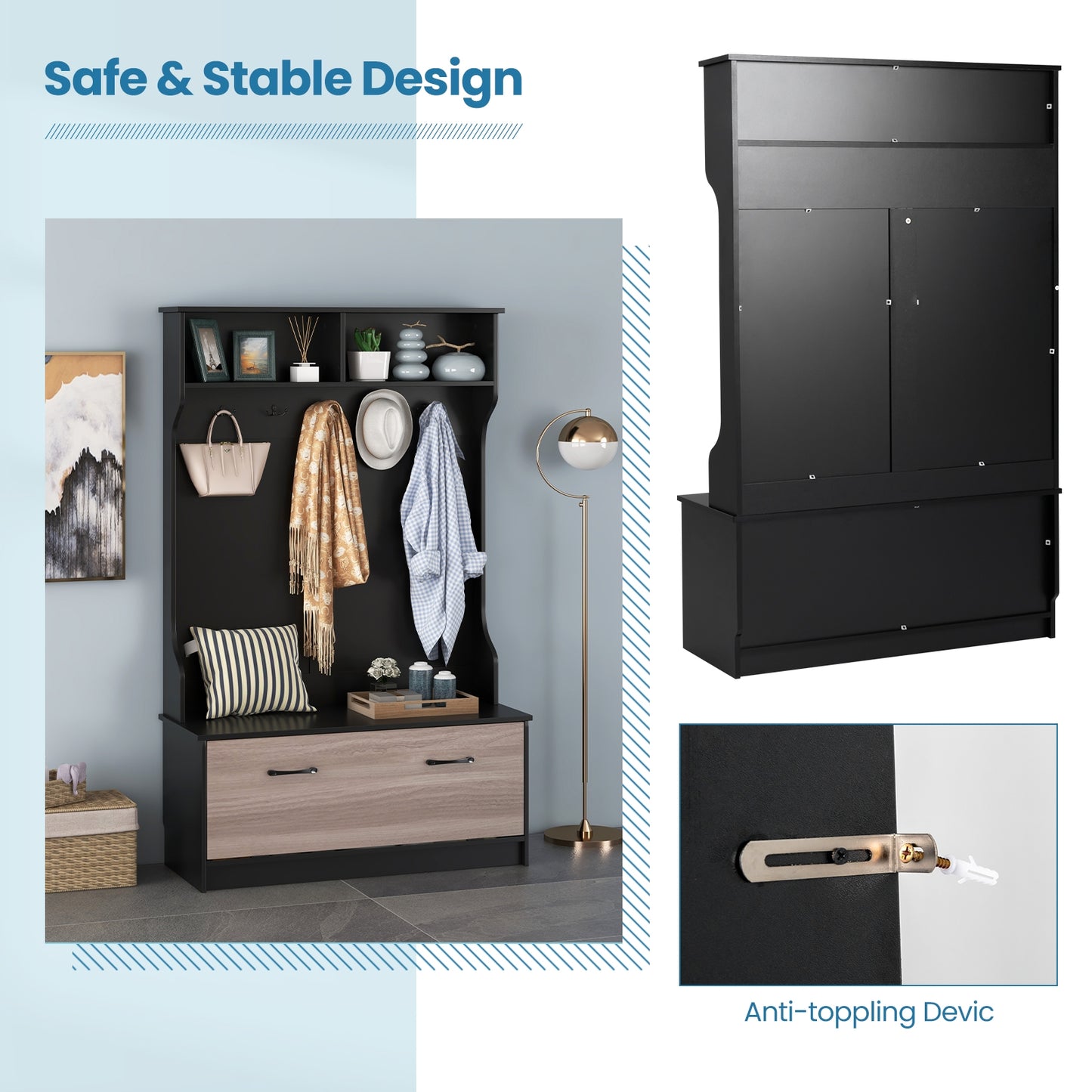 Hall Tree with Bench Coat Hooks and Hidden Storage Cabinet - Black