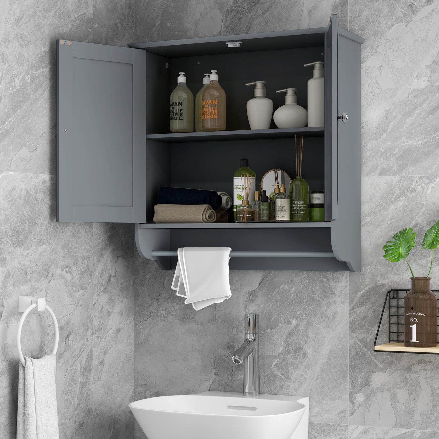 Elegant Wall-Mounted Medicine Cabinet with Adjustable Shelves & Towel Bar