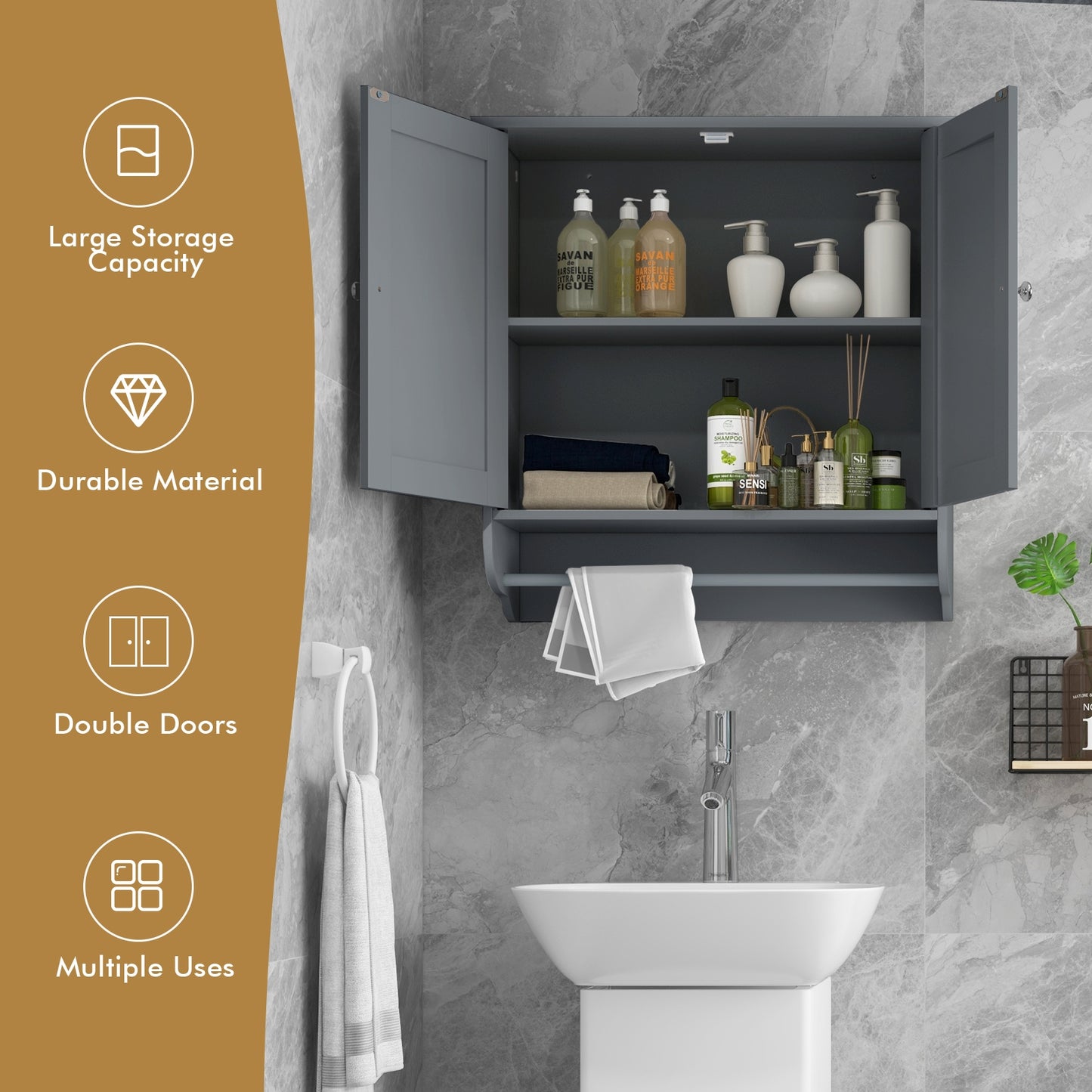 Elegant Wall-Mounted Medicine Cabinet with Adjustable Shelves & Towel Bar